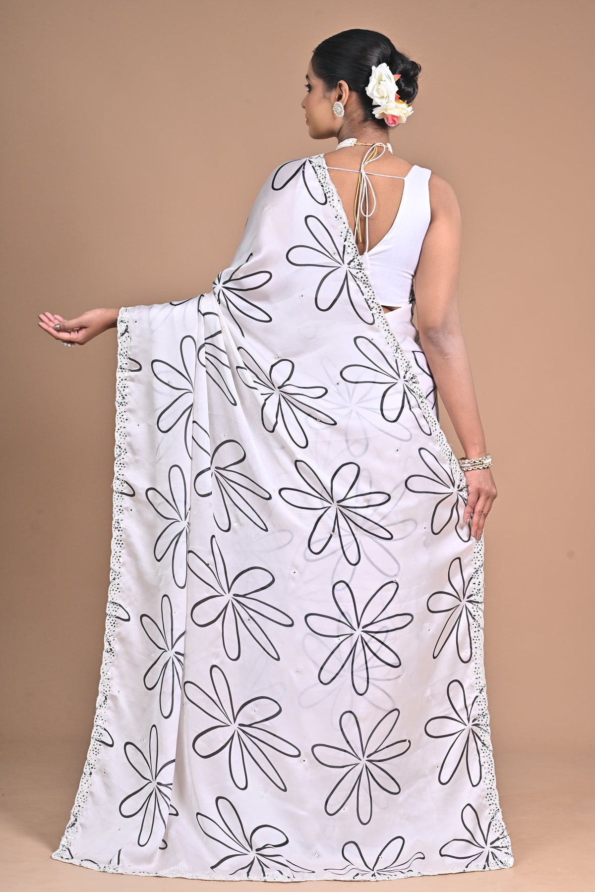 Ethereal Bloom Chinon Saree with Mirror Embellishments