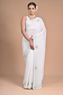 🤍 “Moonlit Grace” – White Embellished Saree