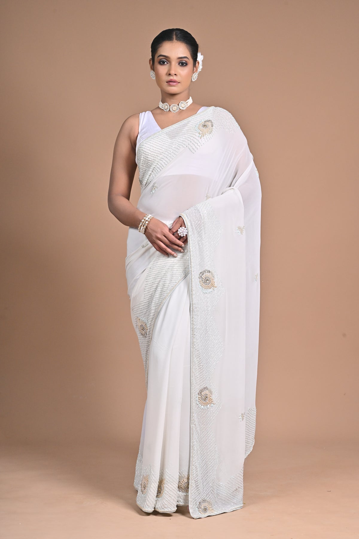 🤍 “Moonlit Grace” – White Embellished Saree