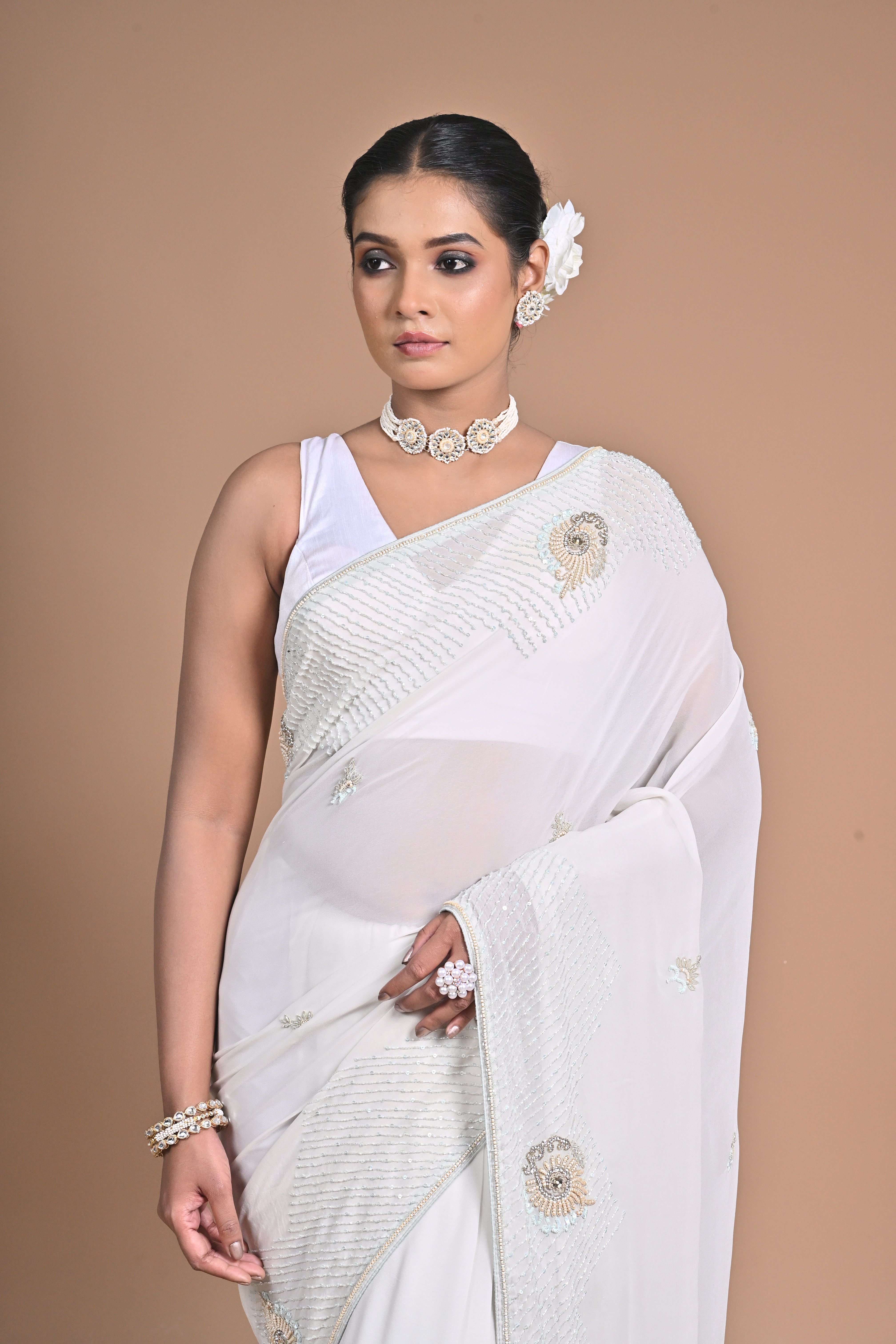 🤍 “Moonlit Grace” – White Embellished Saree
