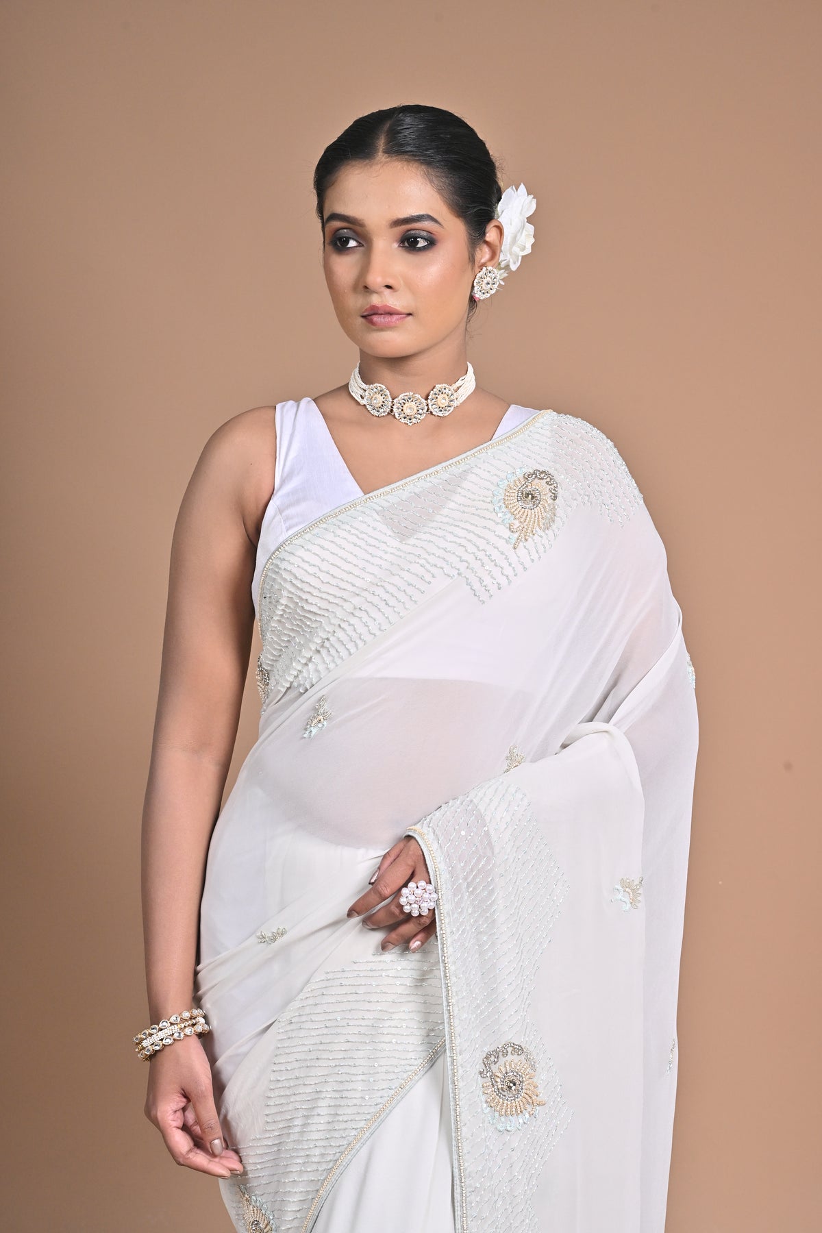 🤍 “Moonlit Grace” – White Embellished Saree