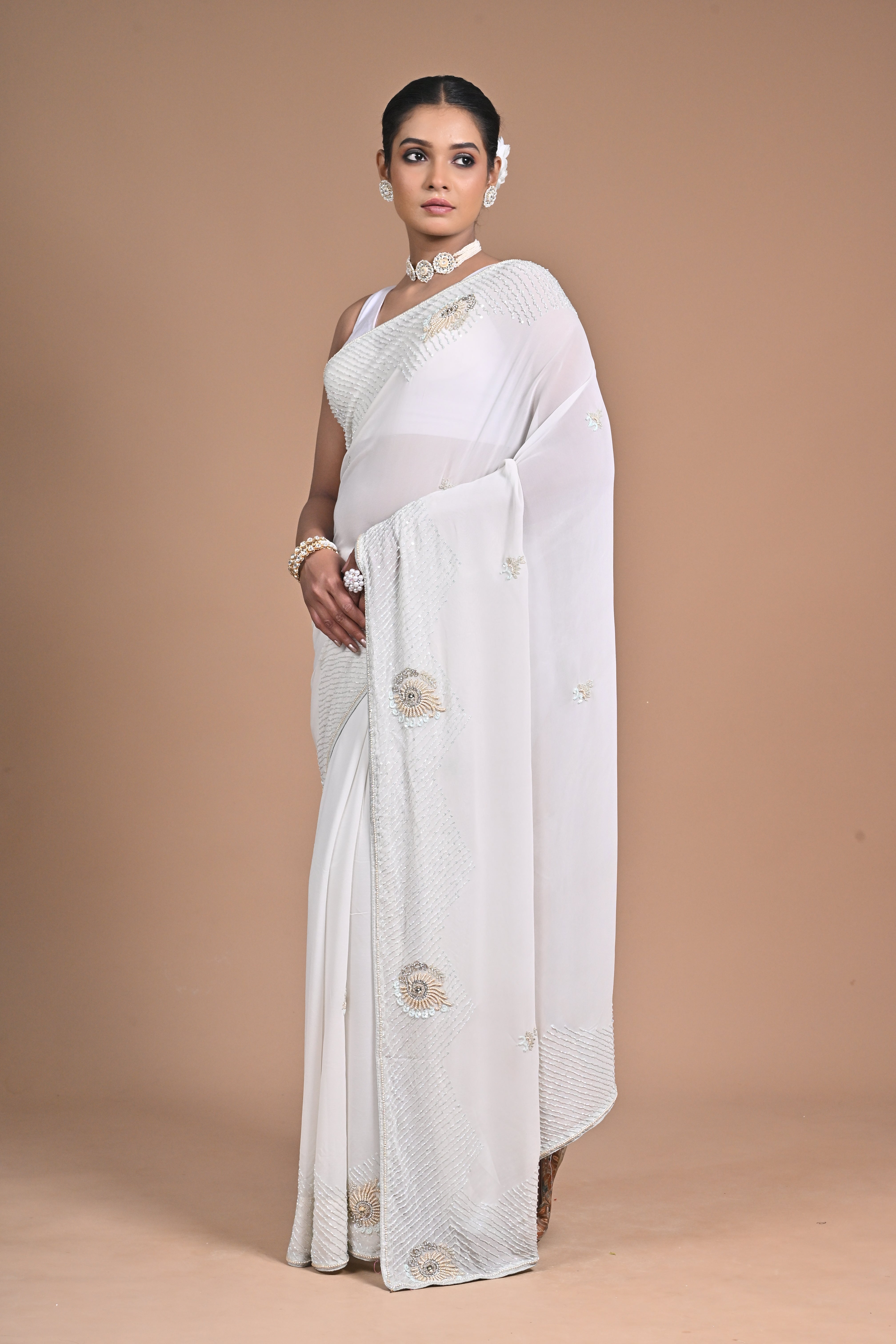 🤍 “Moonlit Grace” – White Embellished Saree
