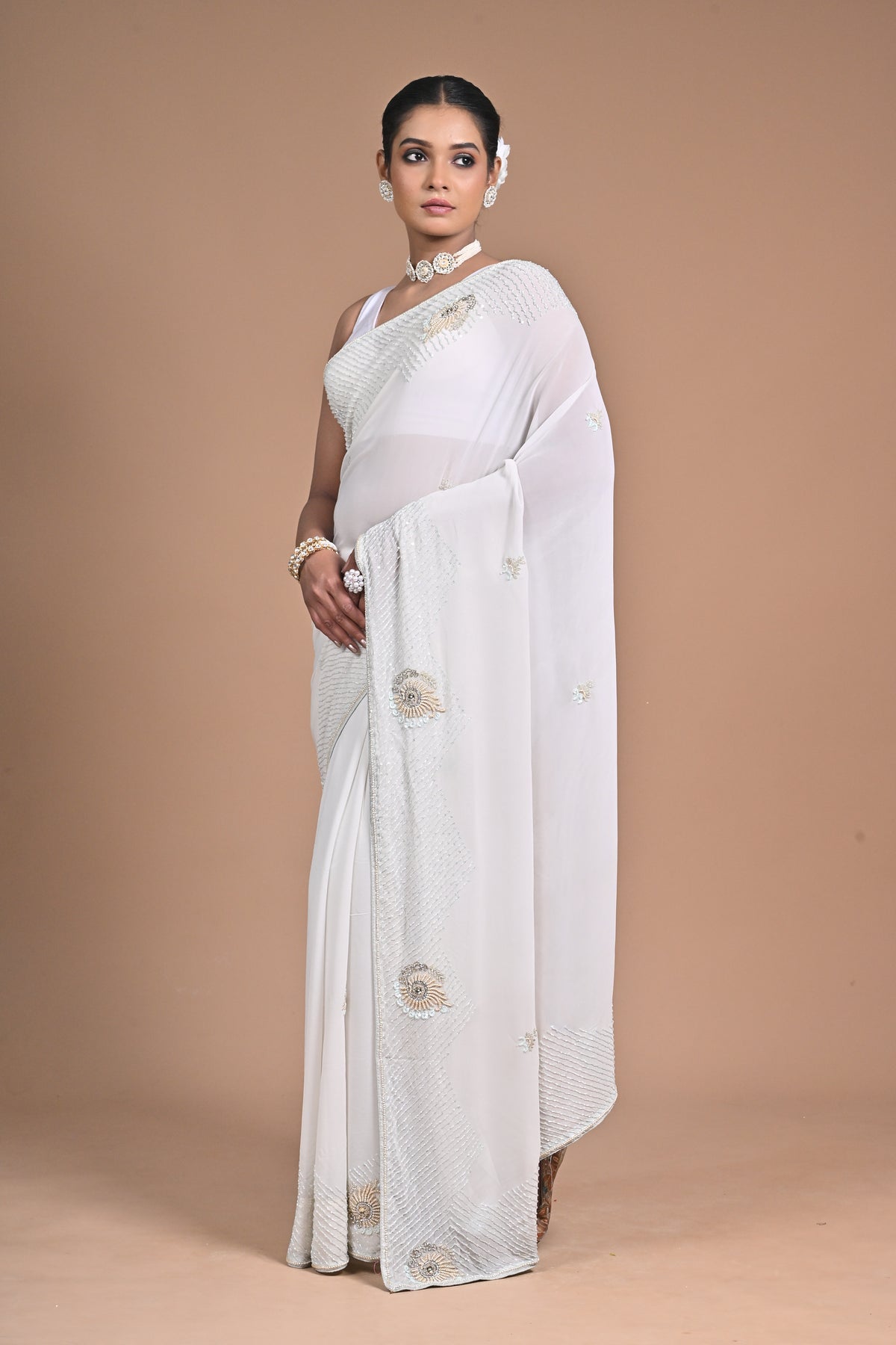 🤍 “Moonlit Grace” – White Embellished Saree