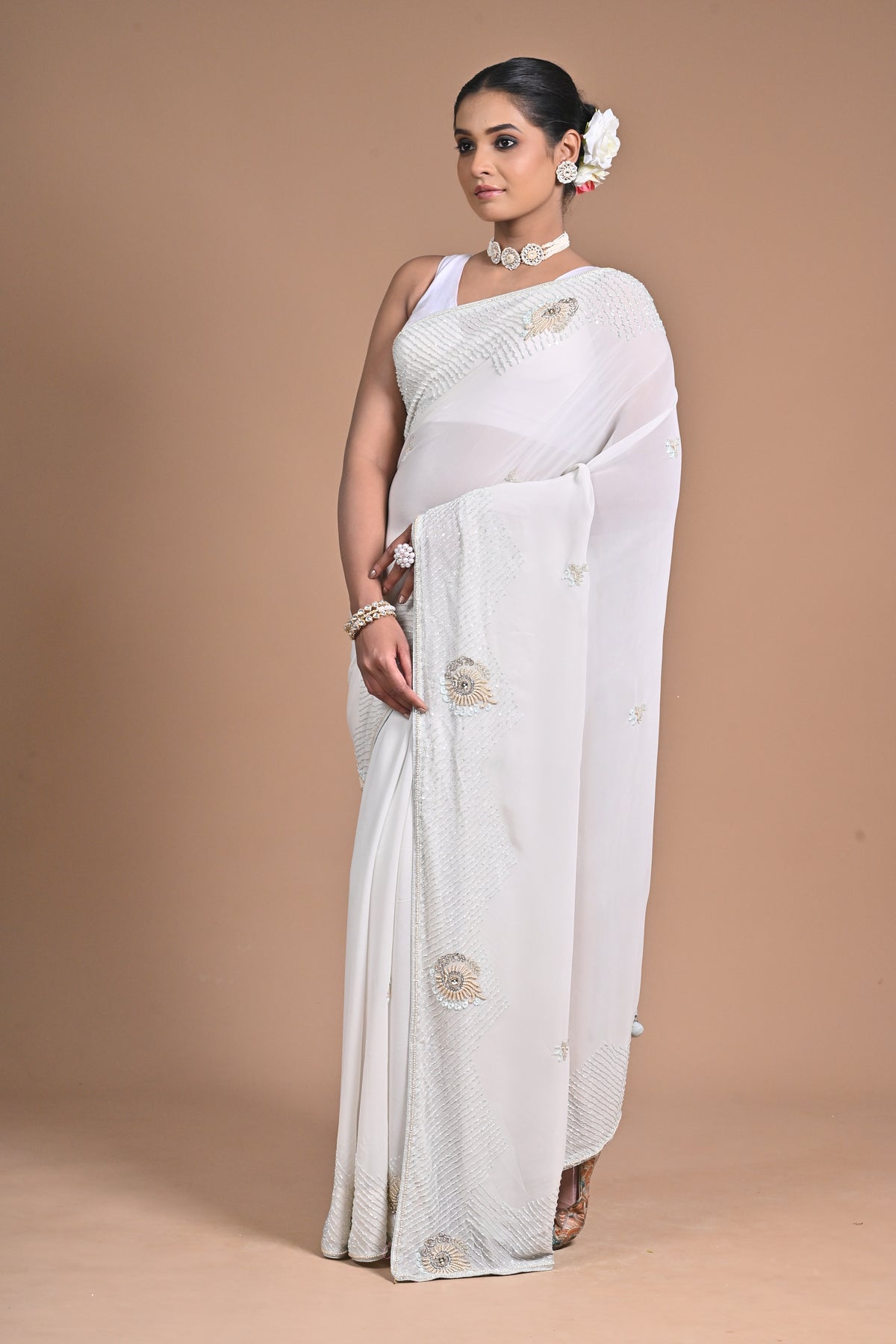 🤍 “Moonlit Grace” – White Embellished Saree