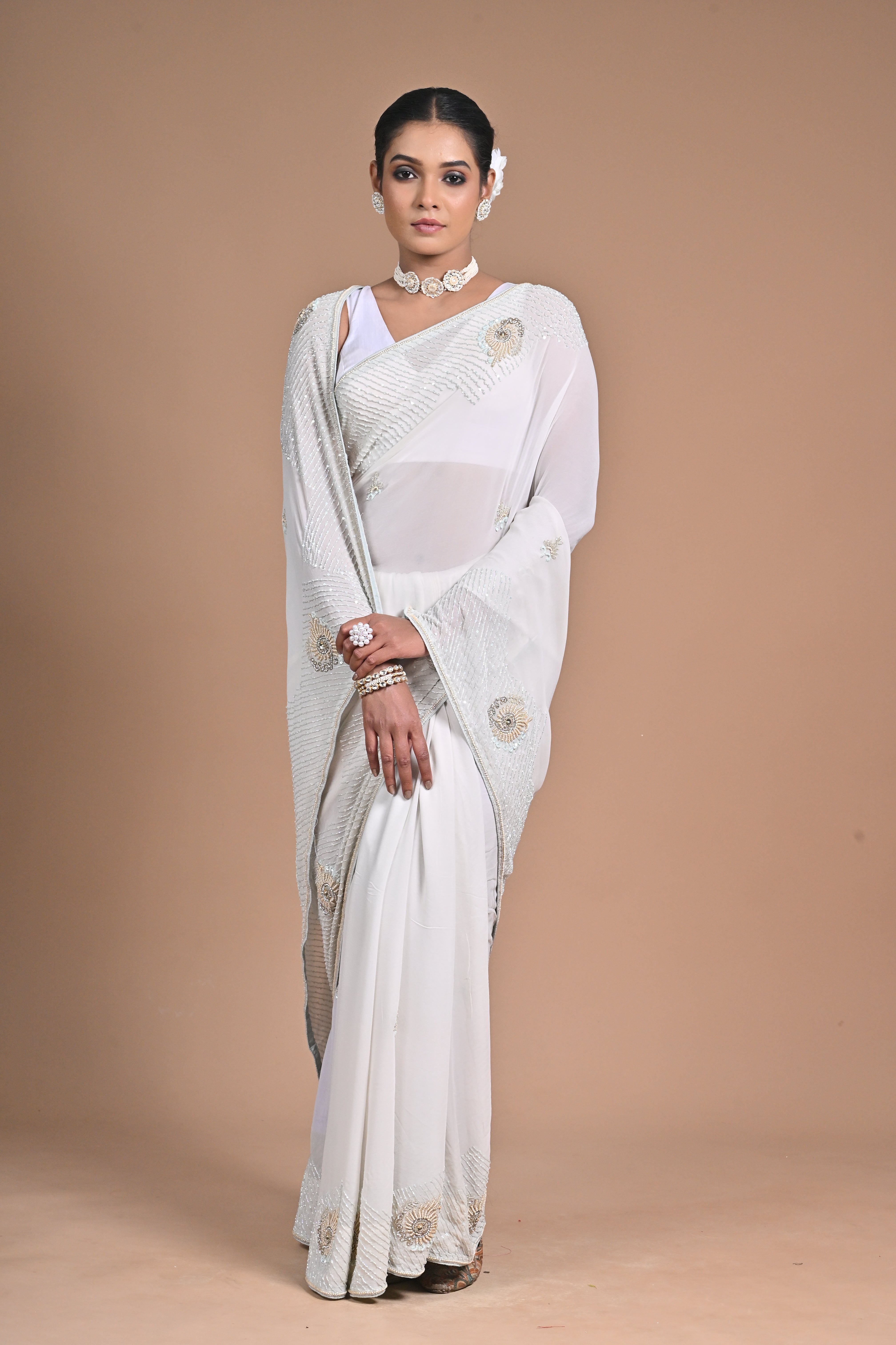 🤍 “Moonlit Grace” – White Embellished Saree