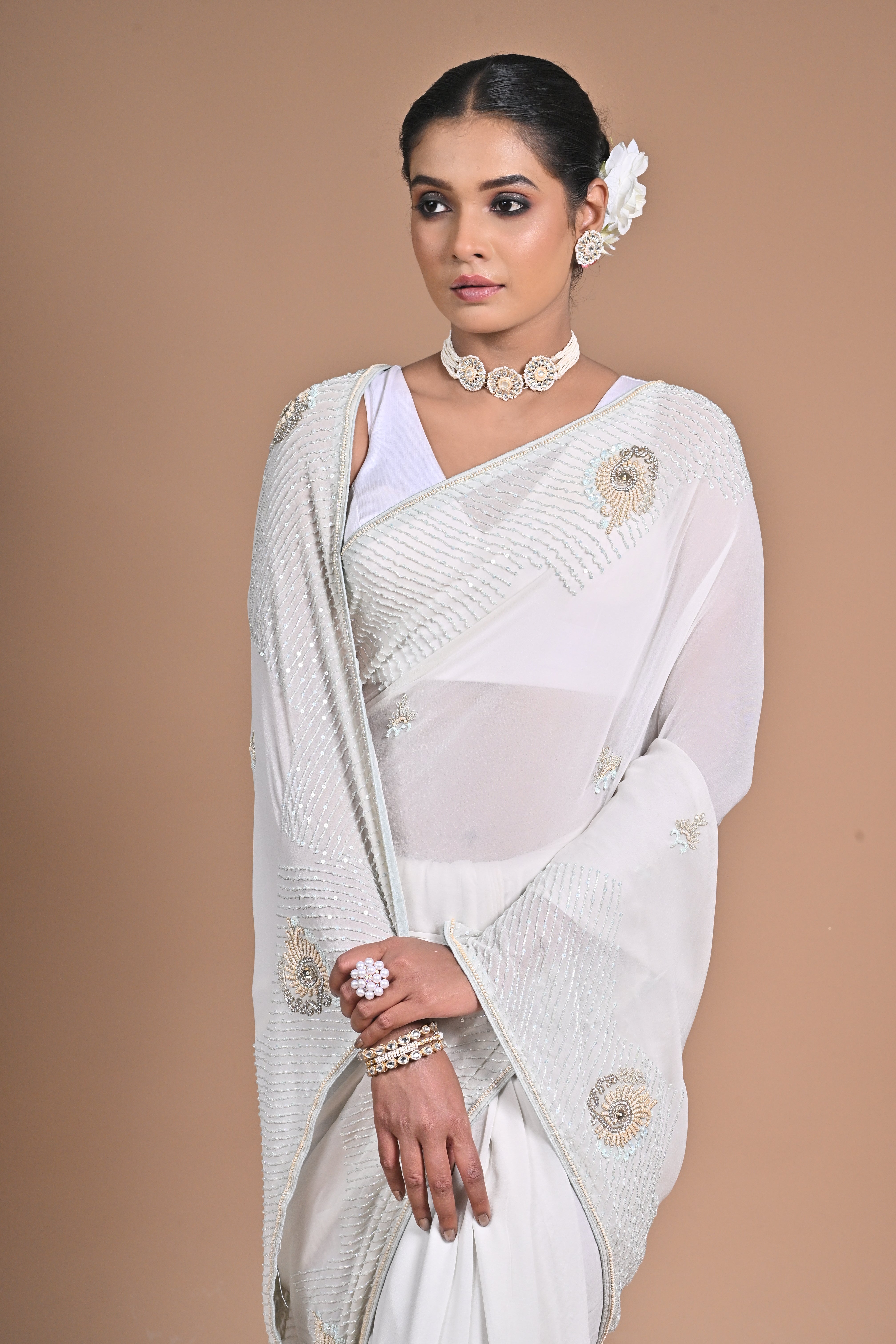 🤍 “Moonlit Grace” – White Embellished Saree