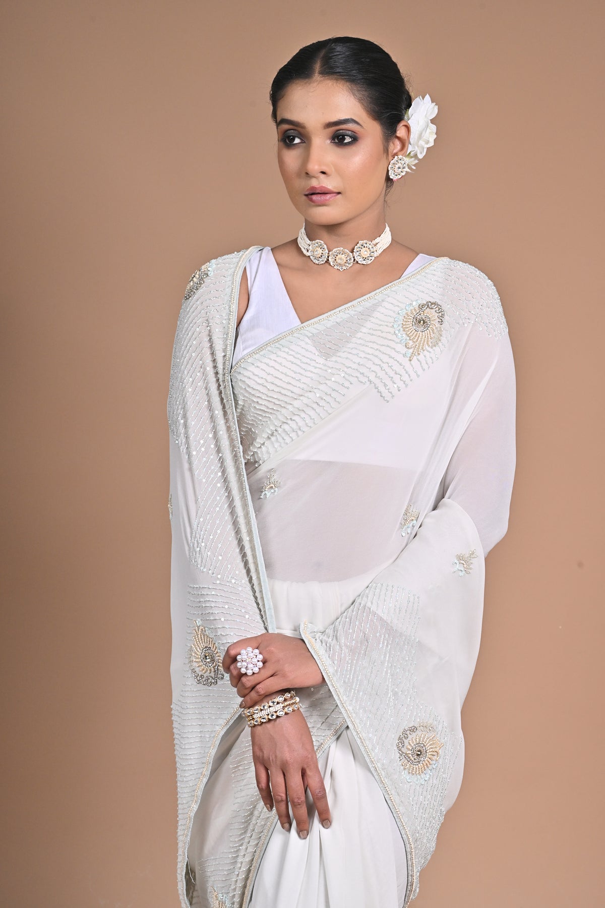 🤍 “Moonlit Grace” – White Embellished Saree