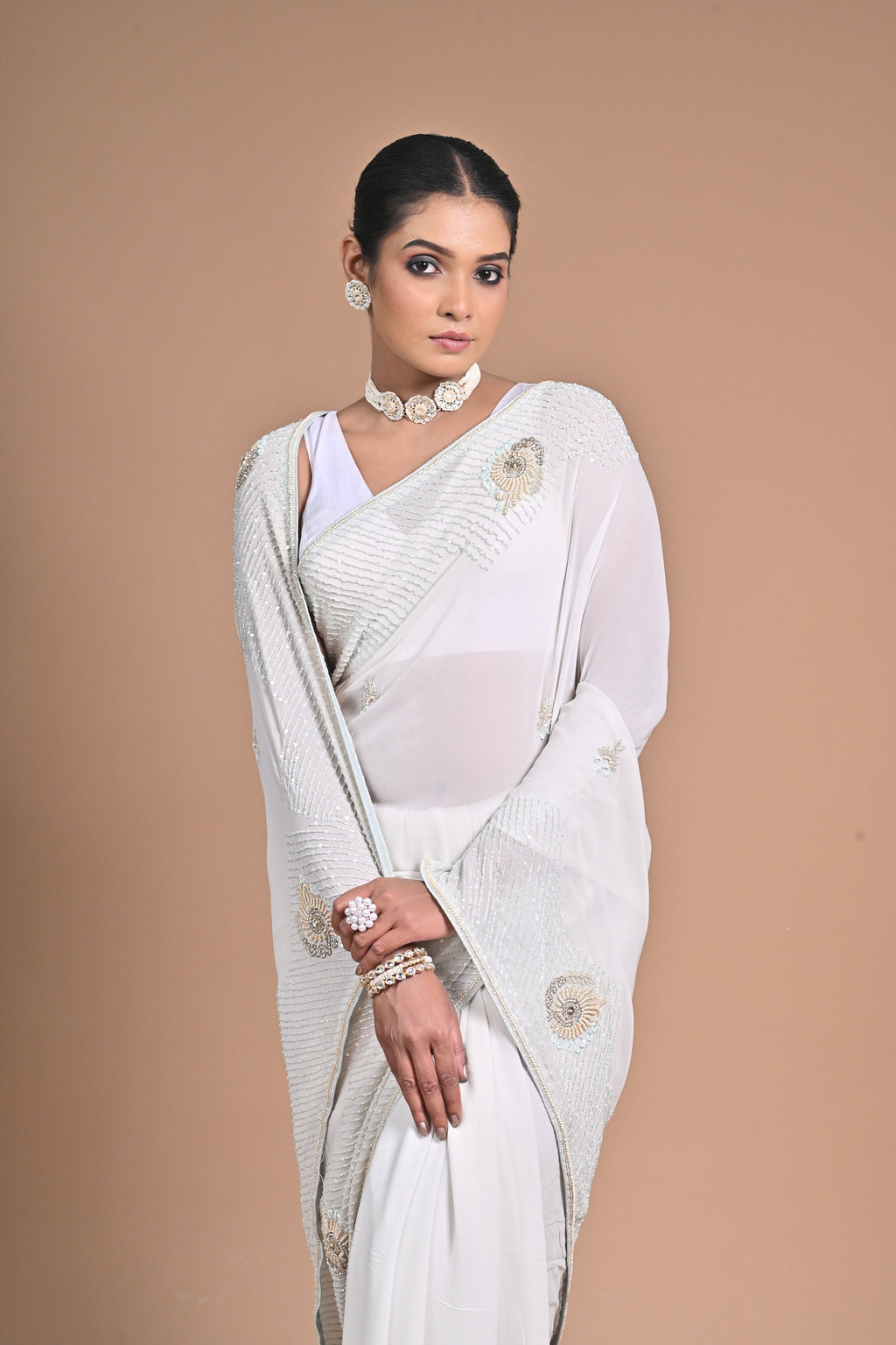 🤍 “Moonlit Grace” – White Embellished Saree