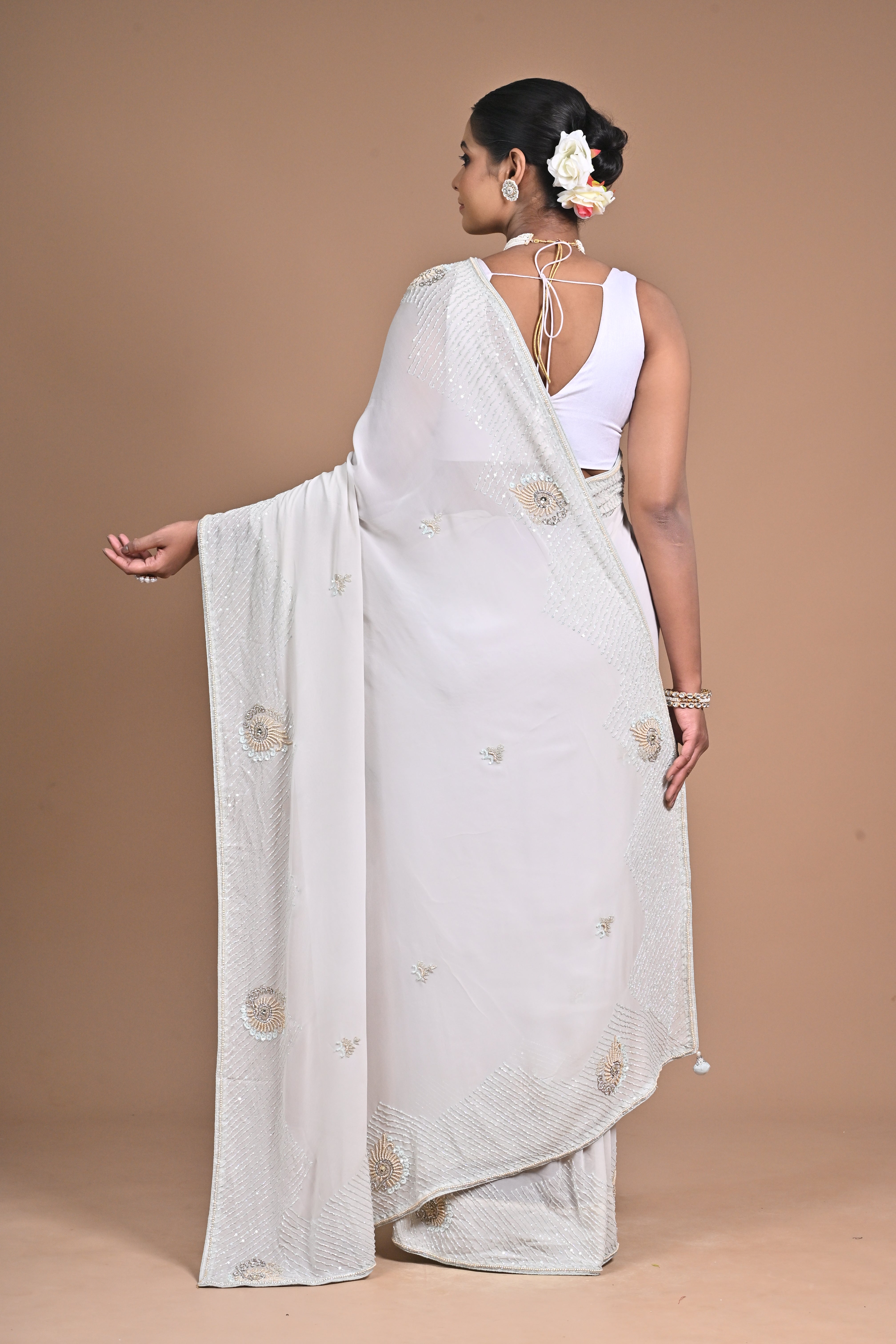 🤍 “Moonlit Grace” – White Embellished Saree