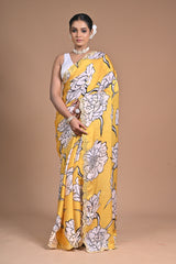 Sunshine in Silk – Printed Chinon Saree with Hand Embroidery