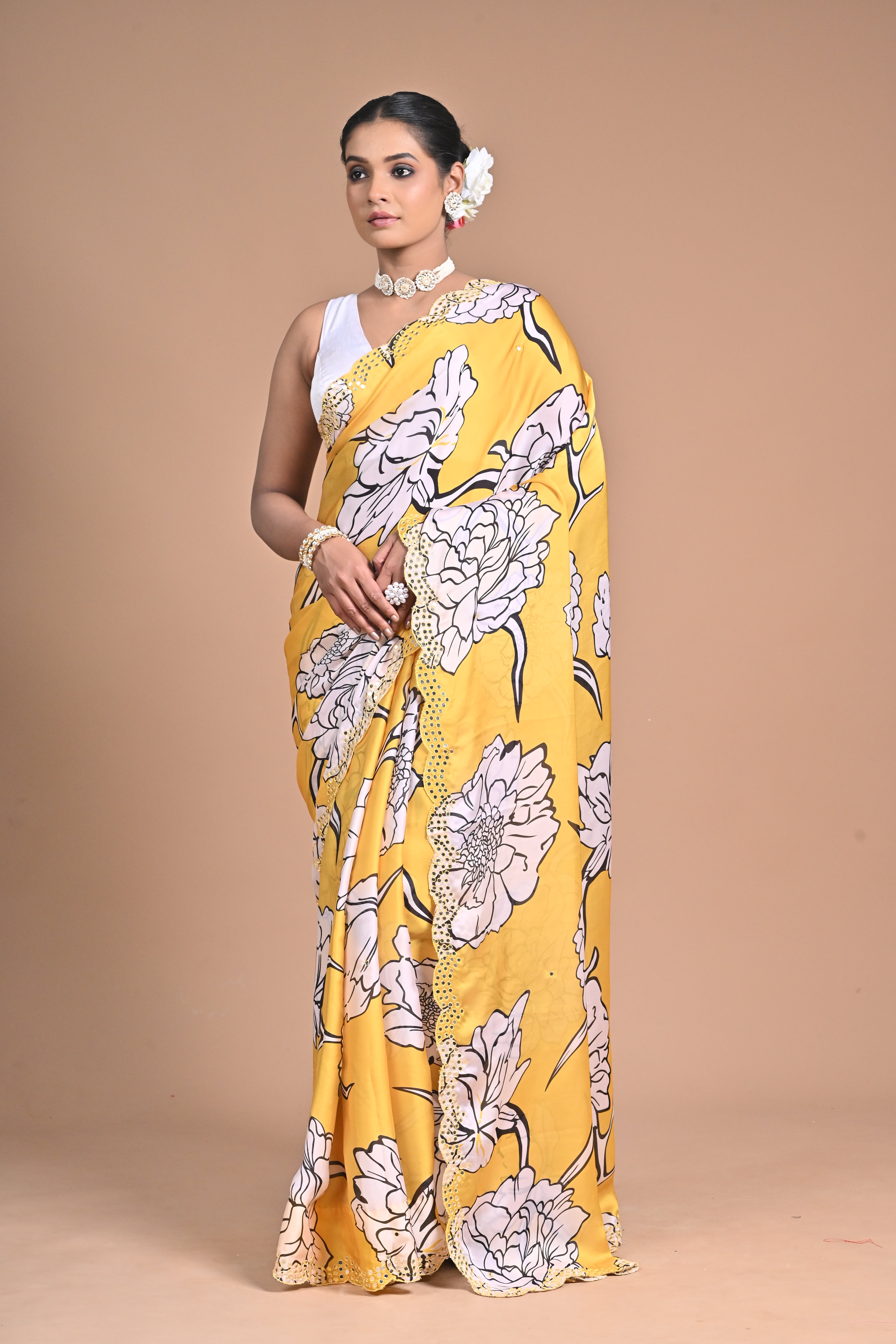 Sunshine in Silk – Printed Chinon Saree with Hand Embroidery