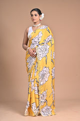 Sunshine in Silk – Printed Chinon Saree with Hand Embroidery