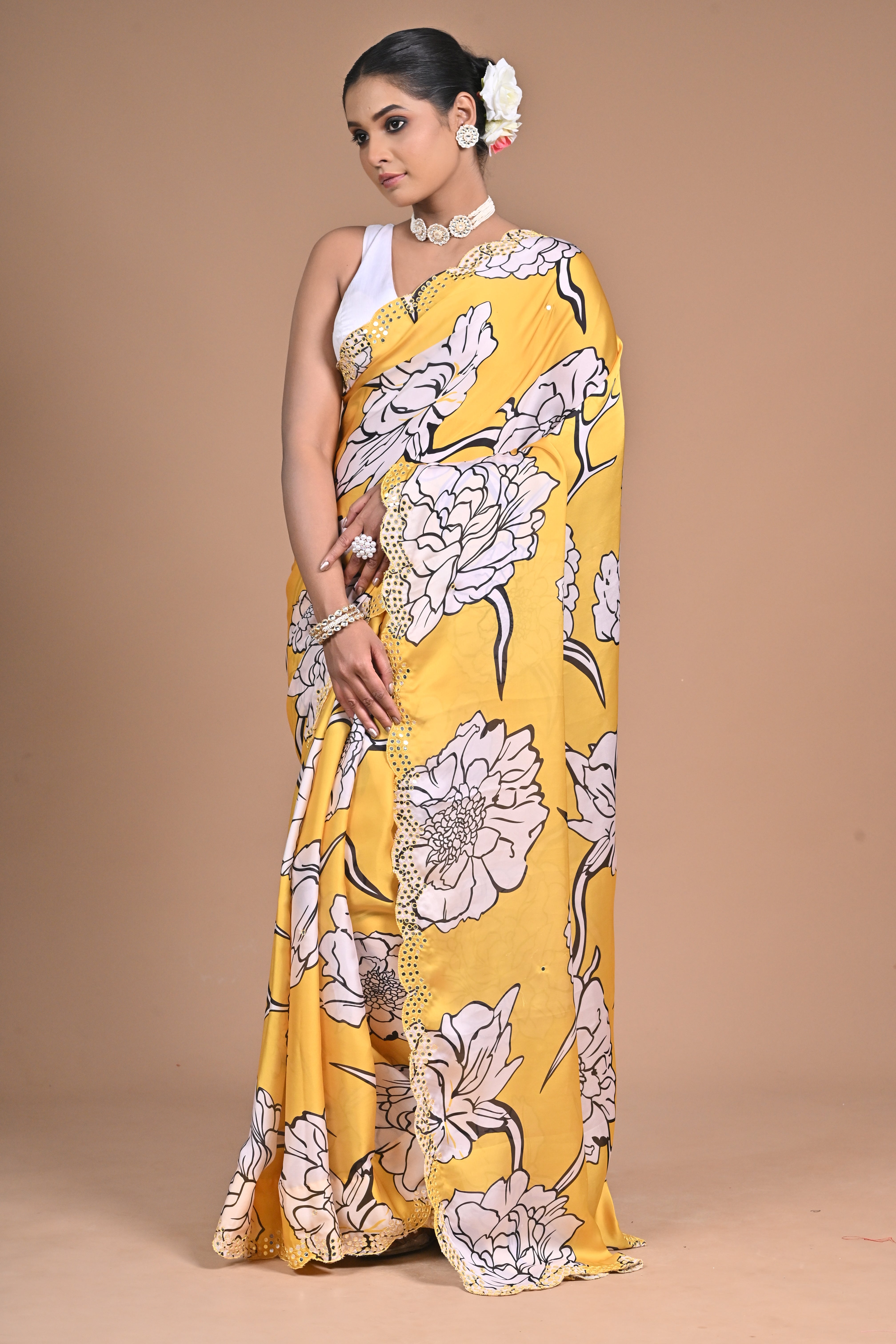 Sunshine in Silk – Printed Chinon Saree with Hand Embroidery