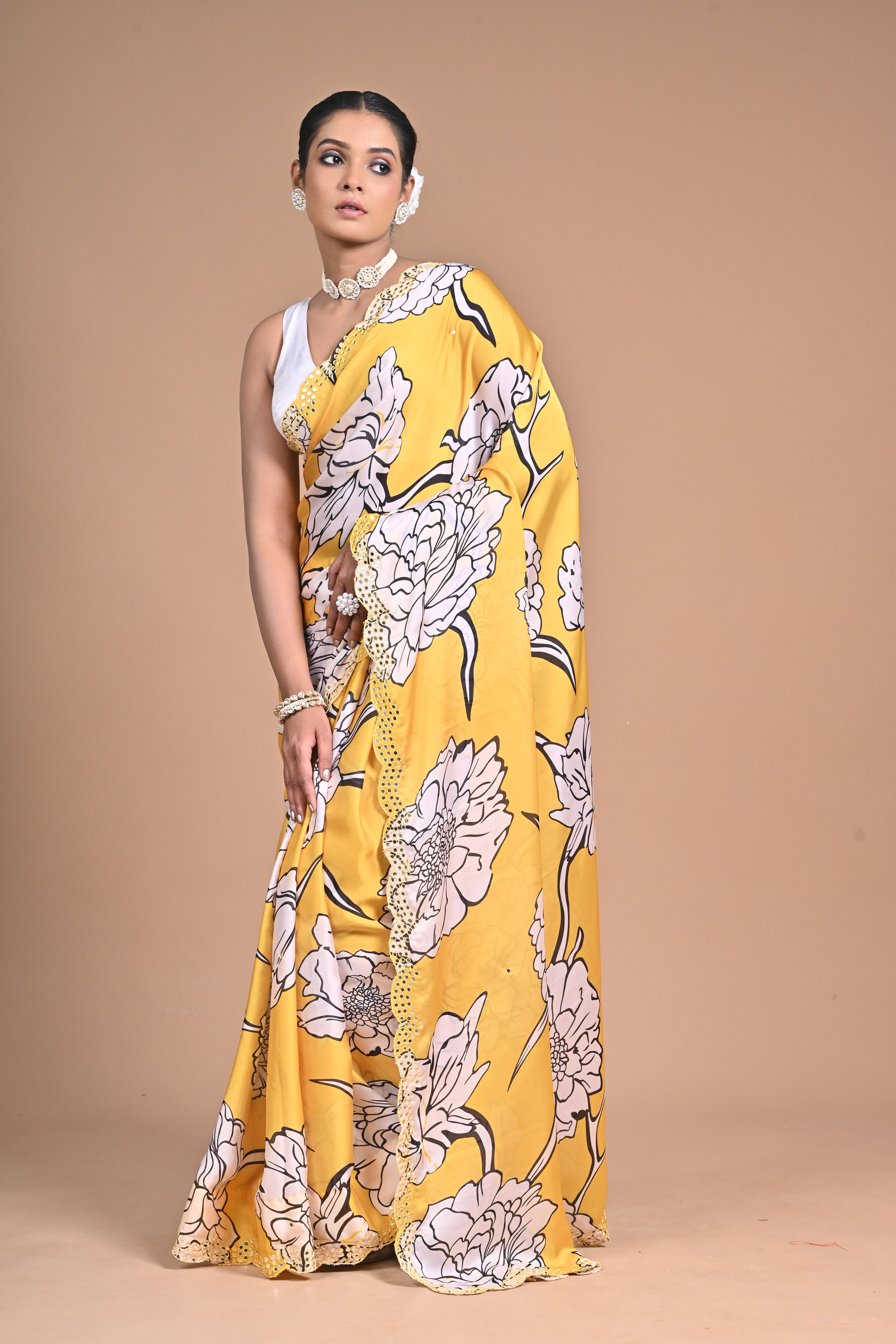 Sunshine in Silk – Printed Chinon Saree with Hand Embroidery