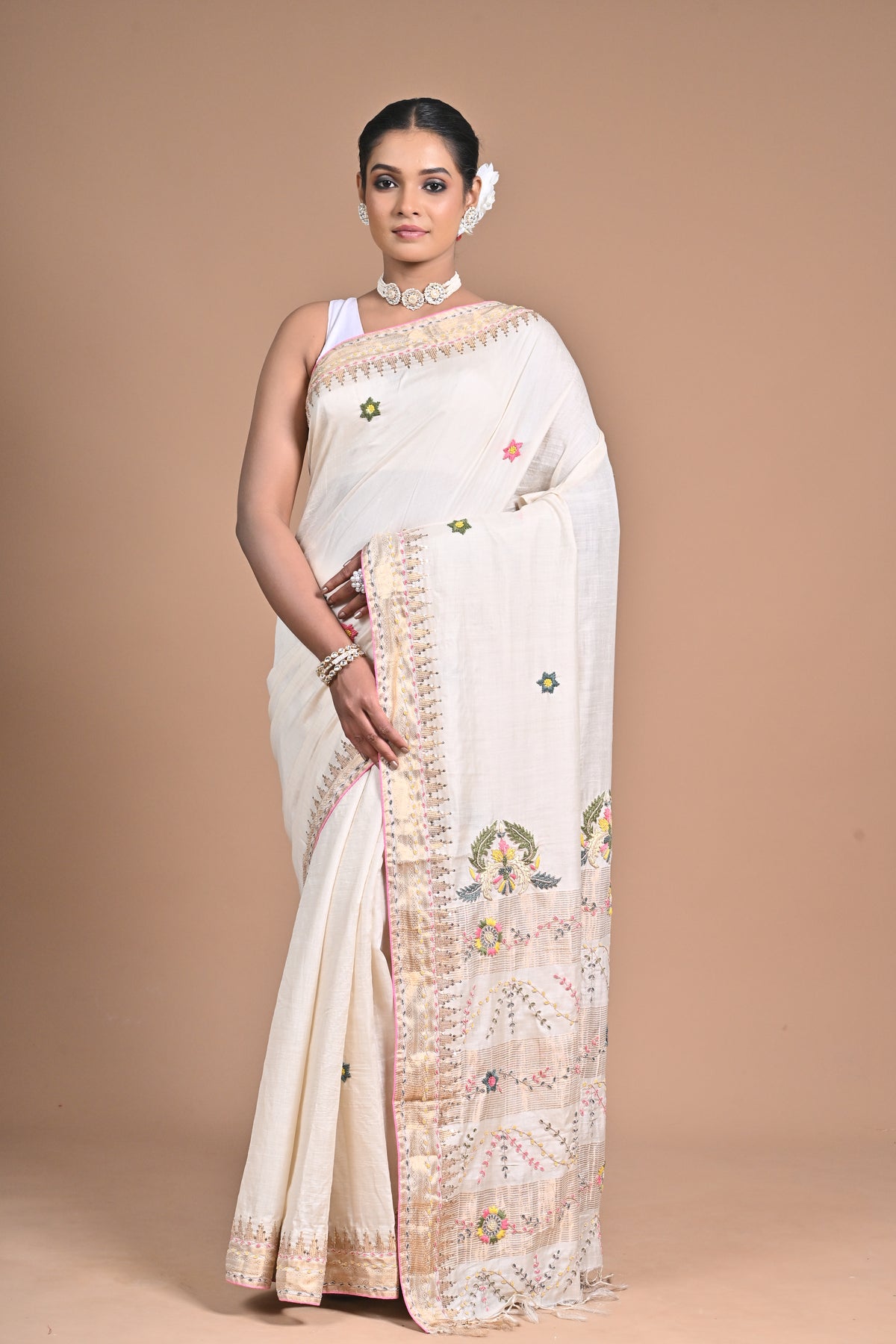 “Heritage Bloom” – Handwoven Off-White Saree with Floral Embroidery