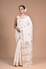 “Heritage Bloom” – Handwoven Off-White Saree with Floral Embroidery