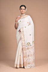 “Heritage Bloom” – Handwoven Off-White Saree with Floral Embroidery
