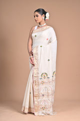 “Heritage Bloom” – Handwoven Off-White Saree with Floral Embroidery
