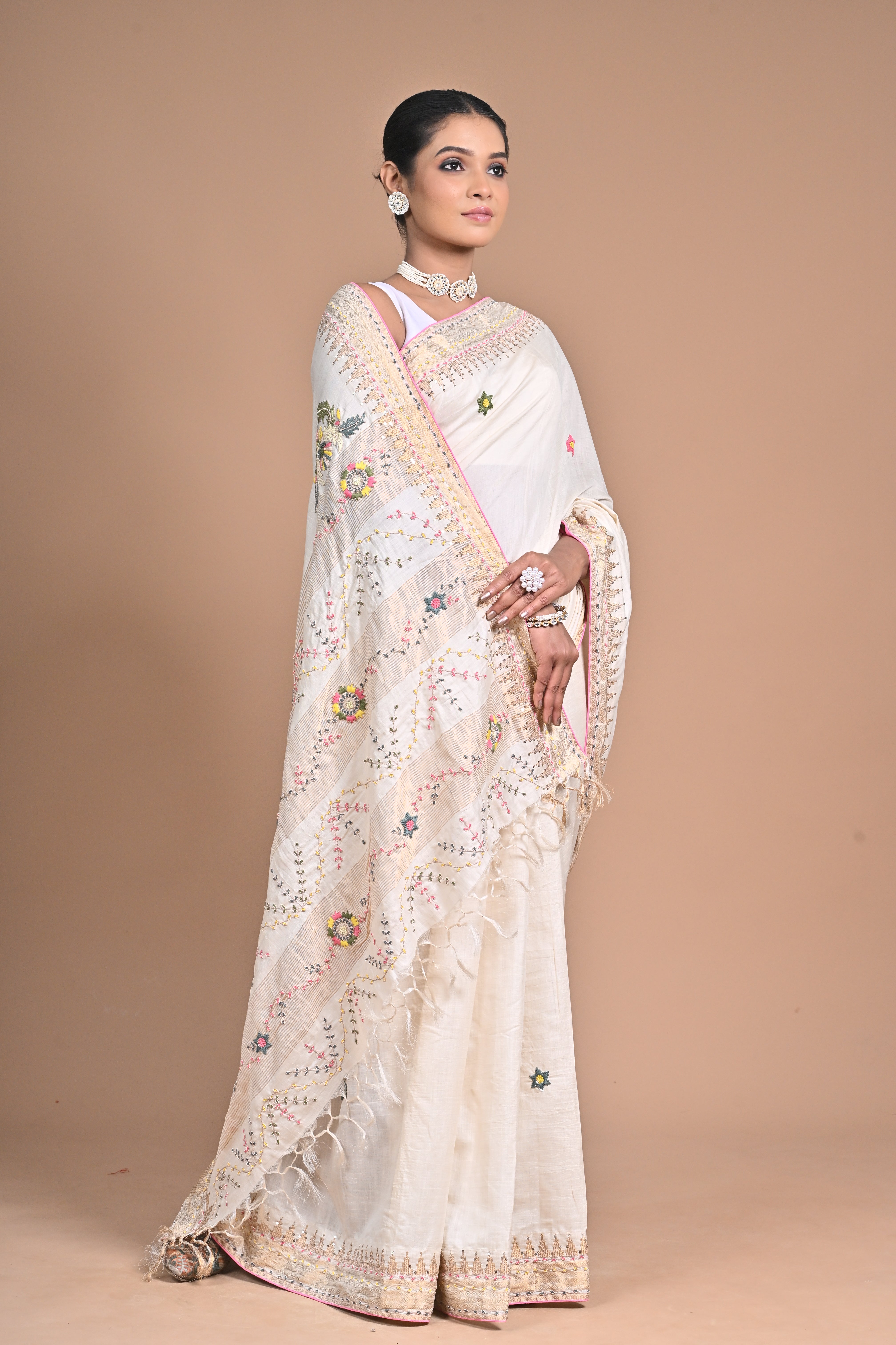 “Heritage Bloom” – Handwoven Off-White Saree with Floral Embroidery