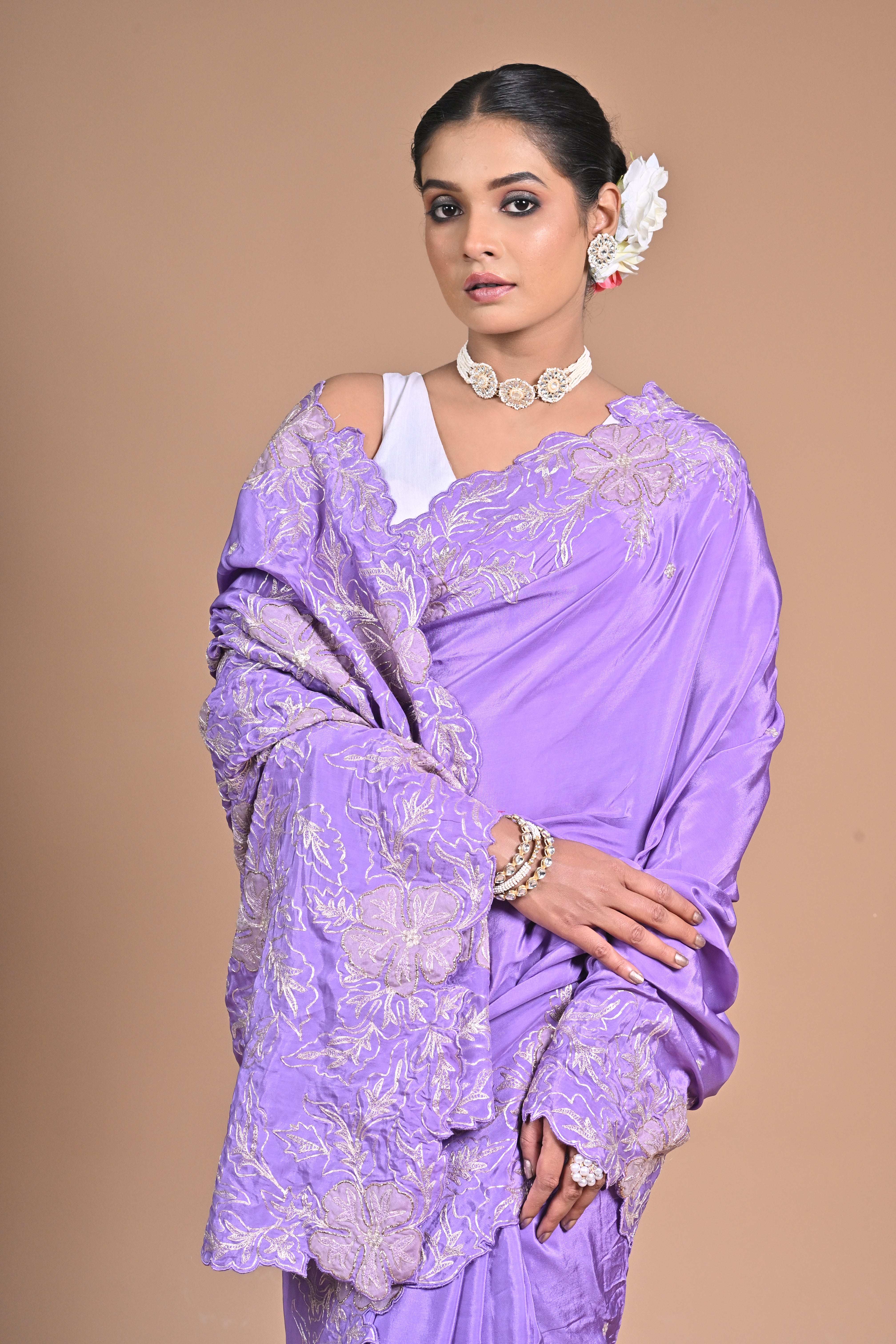 Lavender Elegance Embroidered Saree 🌸