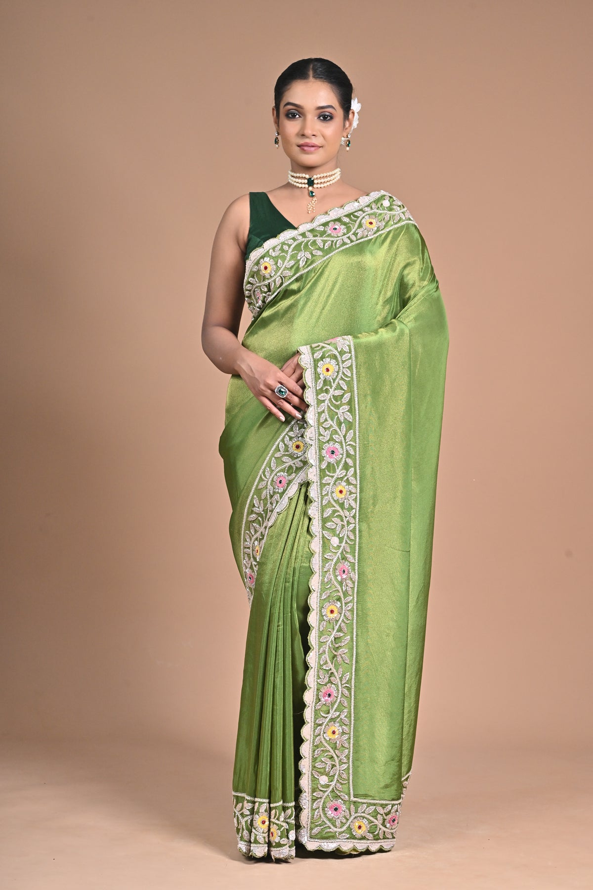 “Meadow Bloom” – Tissue Georgette with With heavy Hand Embroidery