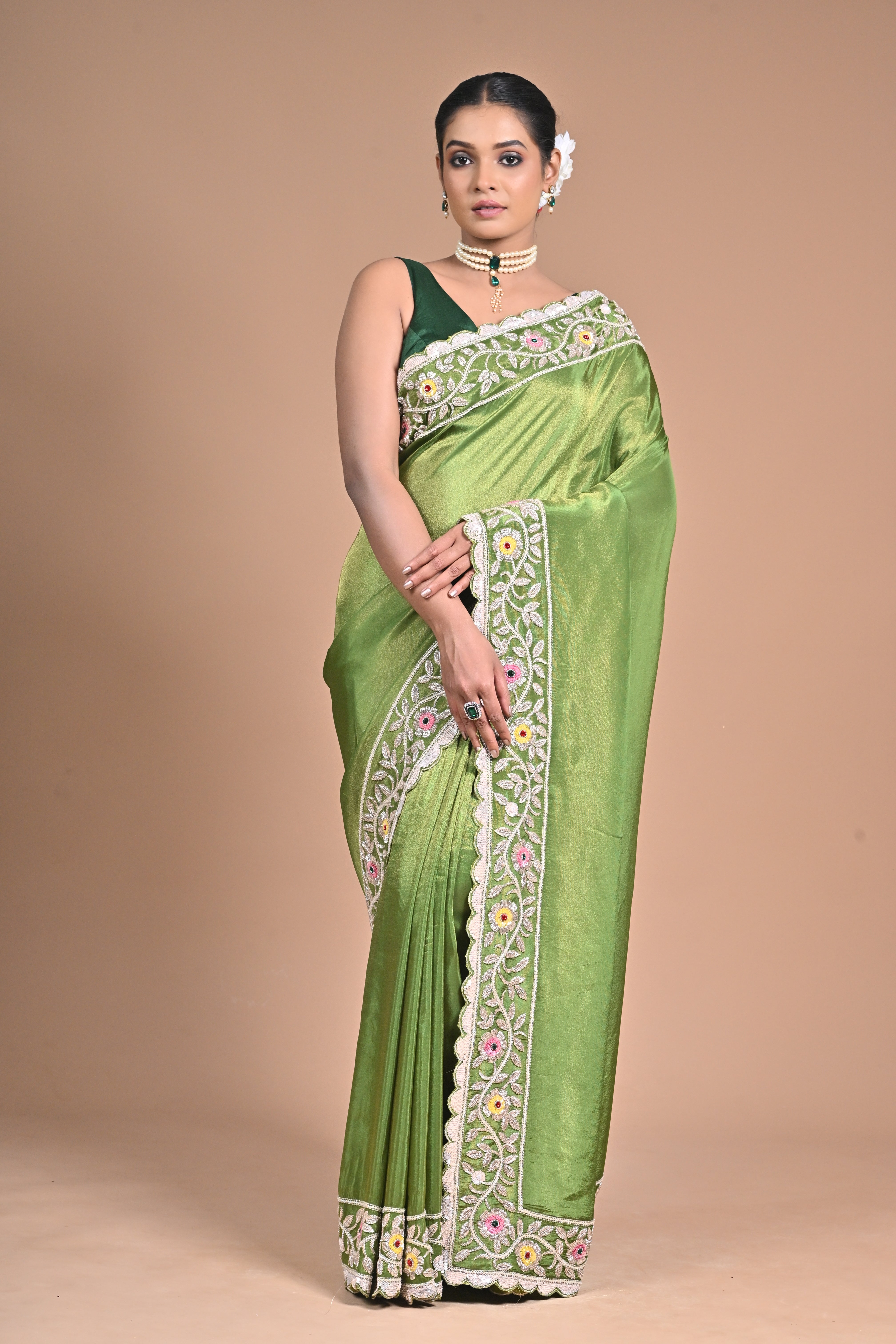 “Meadow Bloom” – Tissue Georgette with With heavy Hand Embroidery