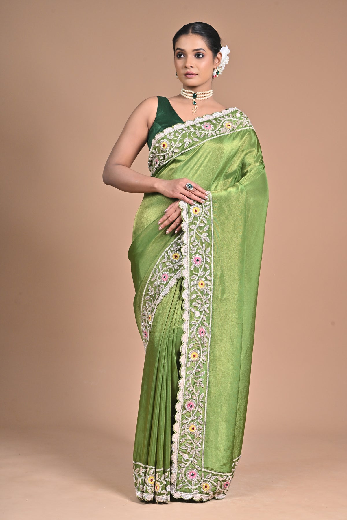 “Meadow Bloom” – Tissue Georgette with With heavy Hand Embroidery