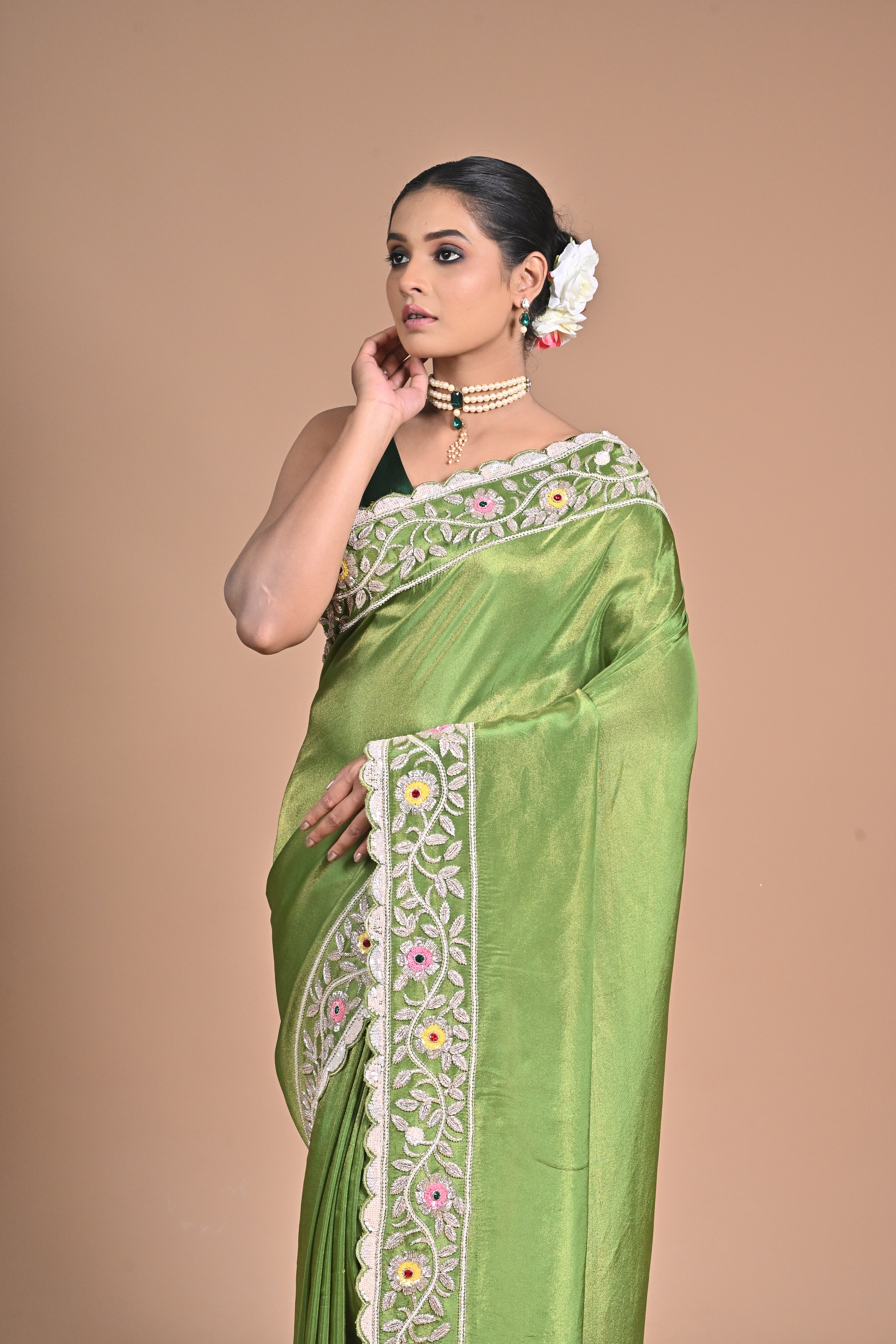 “Meadow Bloom” – Tissue Georgette with With heavy Hand Embroidery