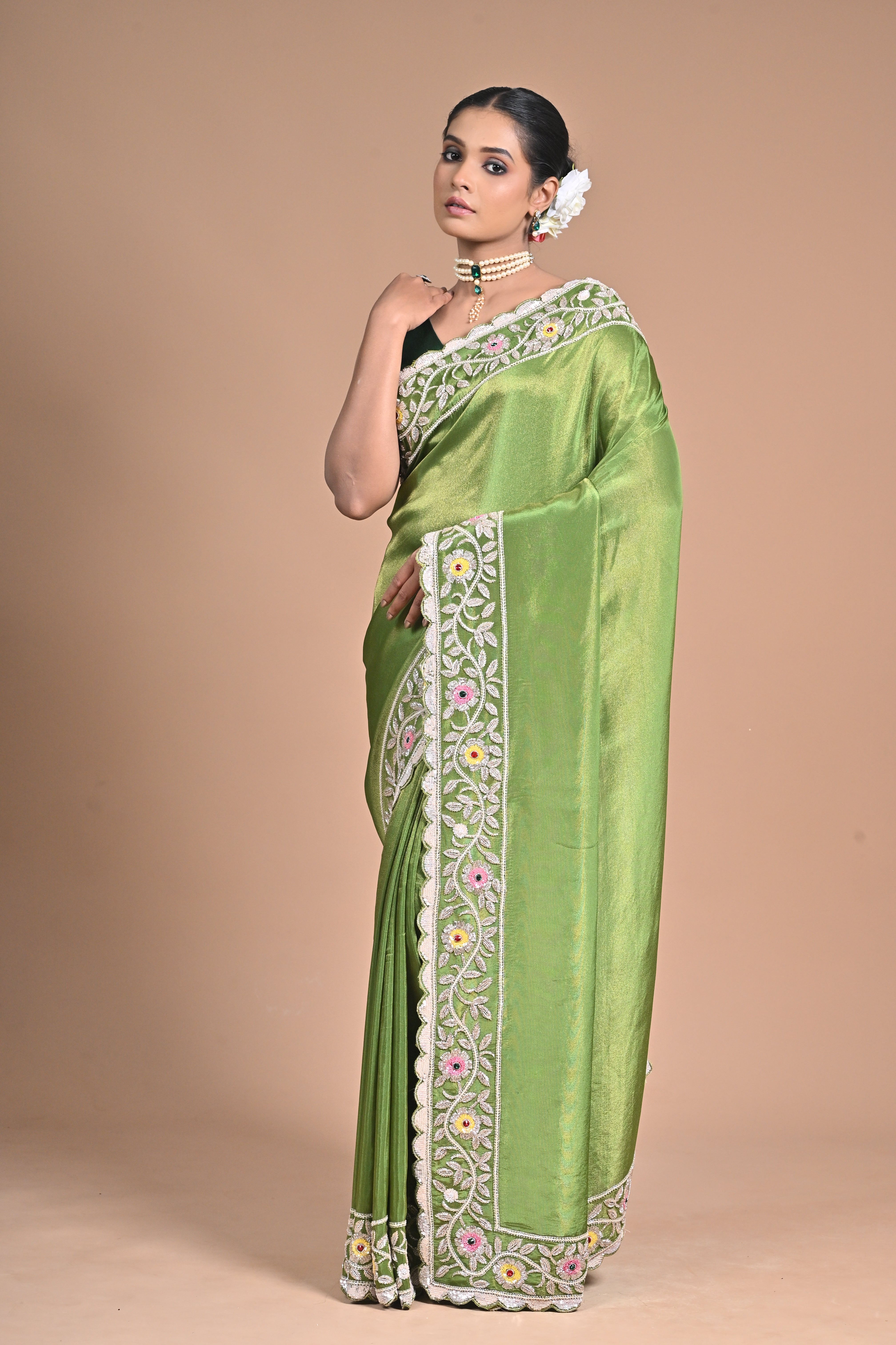 “Meadow Bloom” – Tissue Georgette with With heavy Hand Embroidery