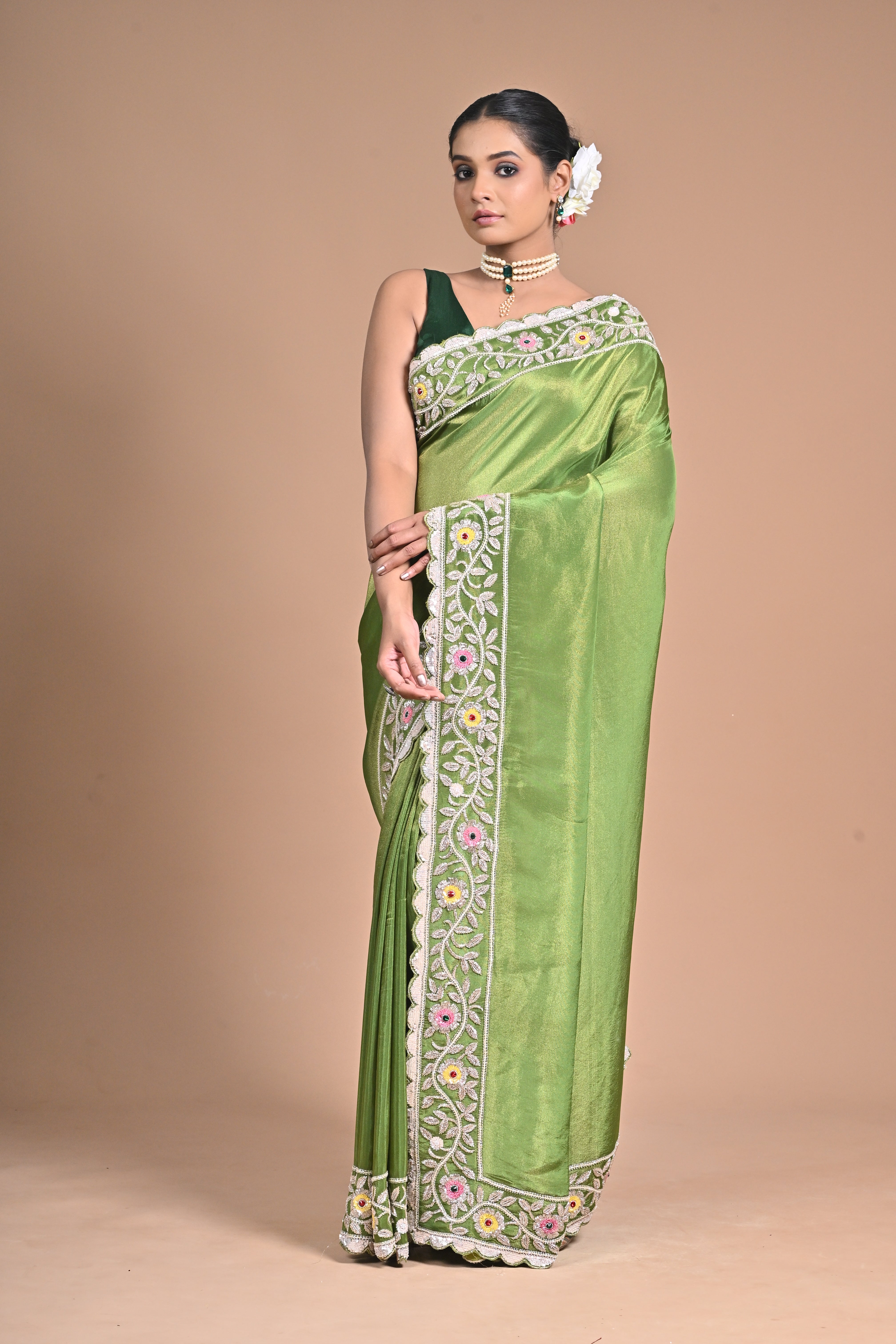 “Meadow Bloom” – Tissue Georgette with With heavy Hand Embroidery
