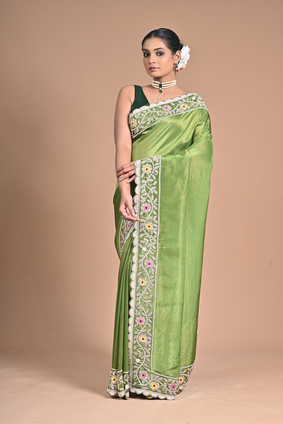 “Meadow Bloom” – Tissue Georgette with With heavy Hand Embroidery