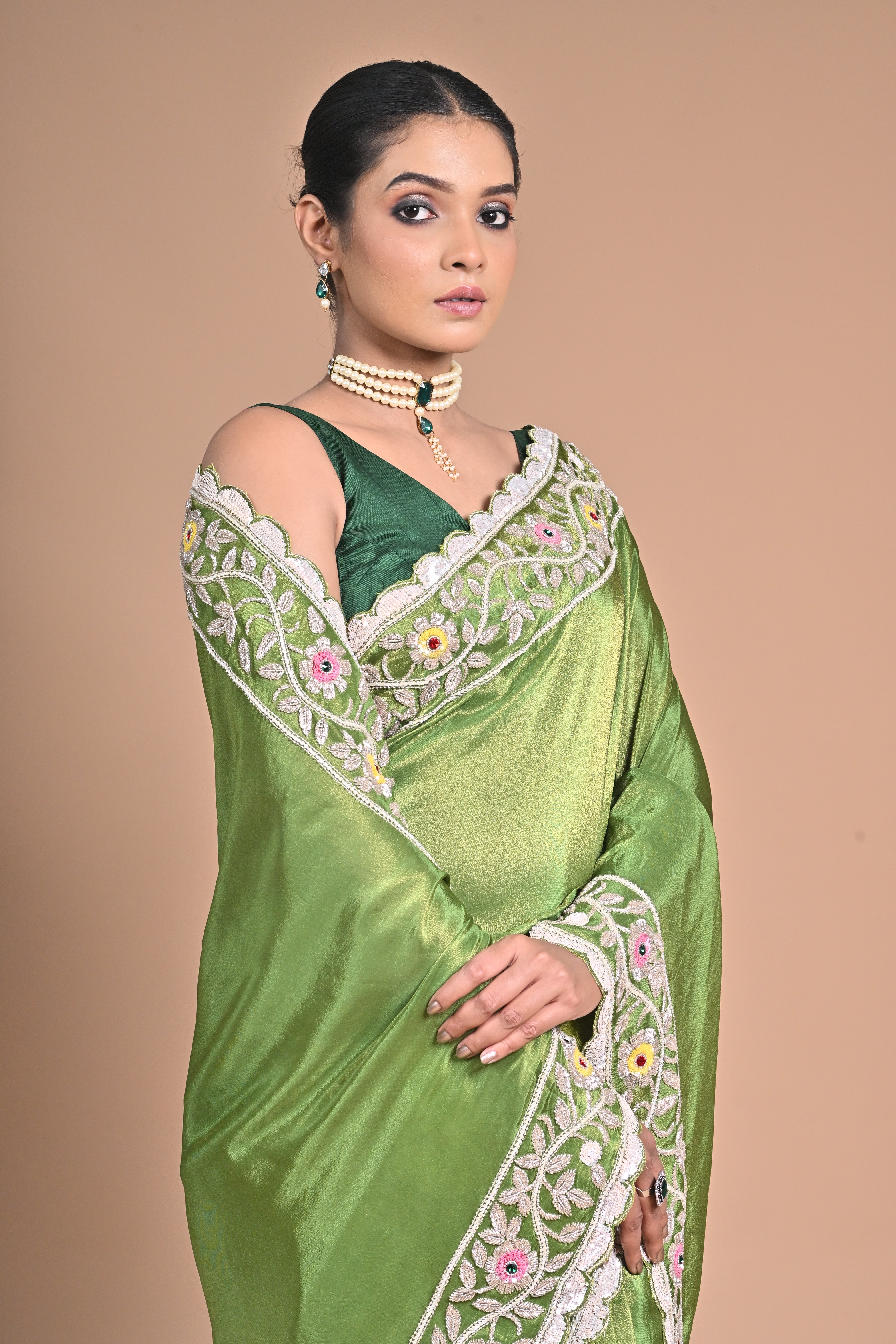 “Meadow Bloom” – Tissue Georgette with With heavy Hand Embroidery
