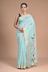 “Aqua Bloom” – Handwoven Light Blue silk Saree with Jamdani Pallu
