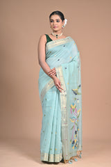 “Aqua Bloom” – Handwoven Light Blue silk Saree with Jamdani Pallu