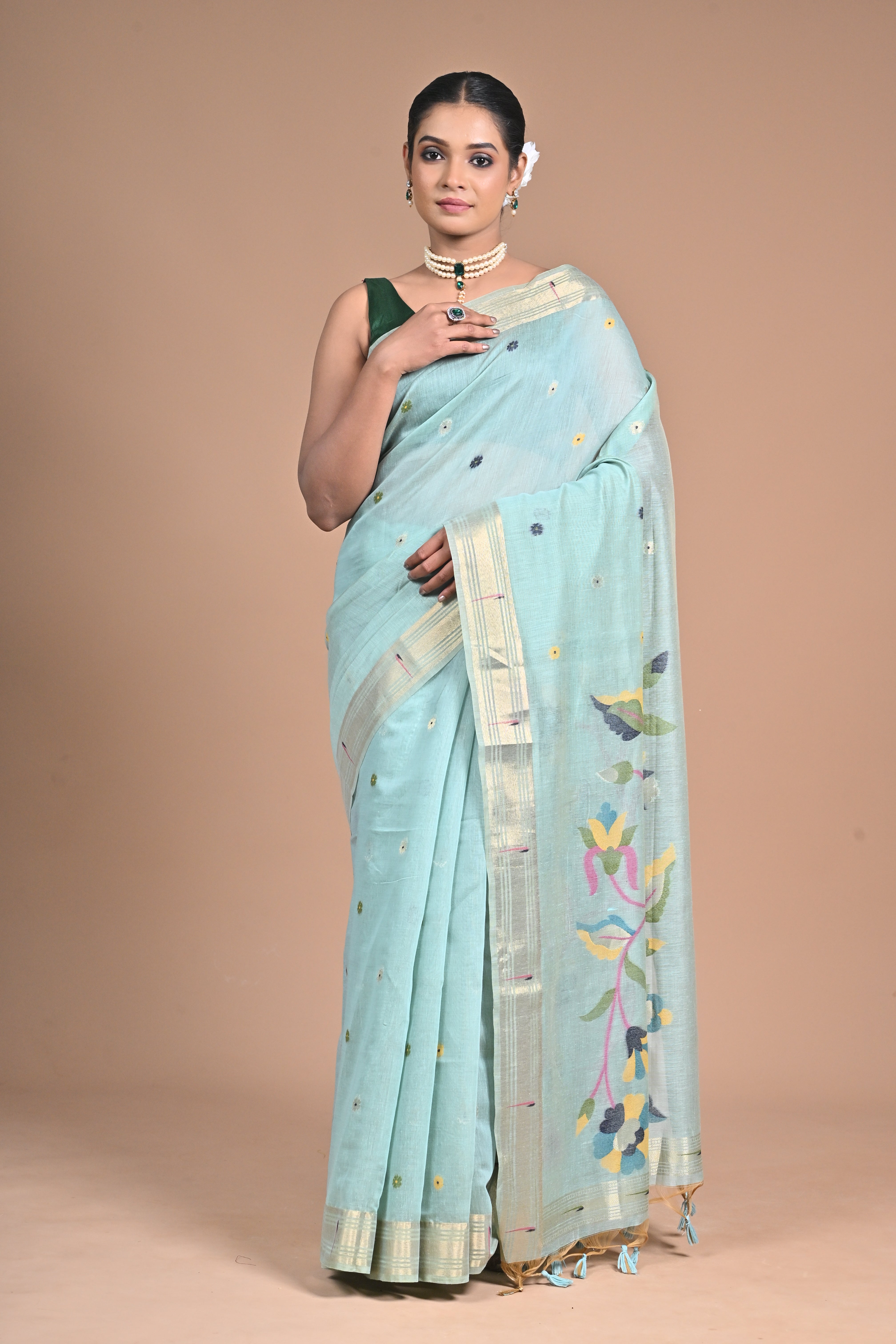 “Aqua Bloom” – Handwoven Light Blue silk Saree with Jamdani Pallu