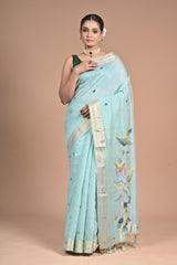 “Aqua Bloom” – Handwoven Light Blue silk Saree with Jamdani Pallu