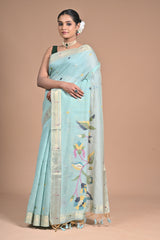 “Aqua Bloom” – Handwoven Light Blue silk Saree with Jamdani Pallu