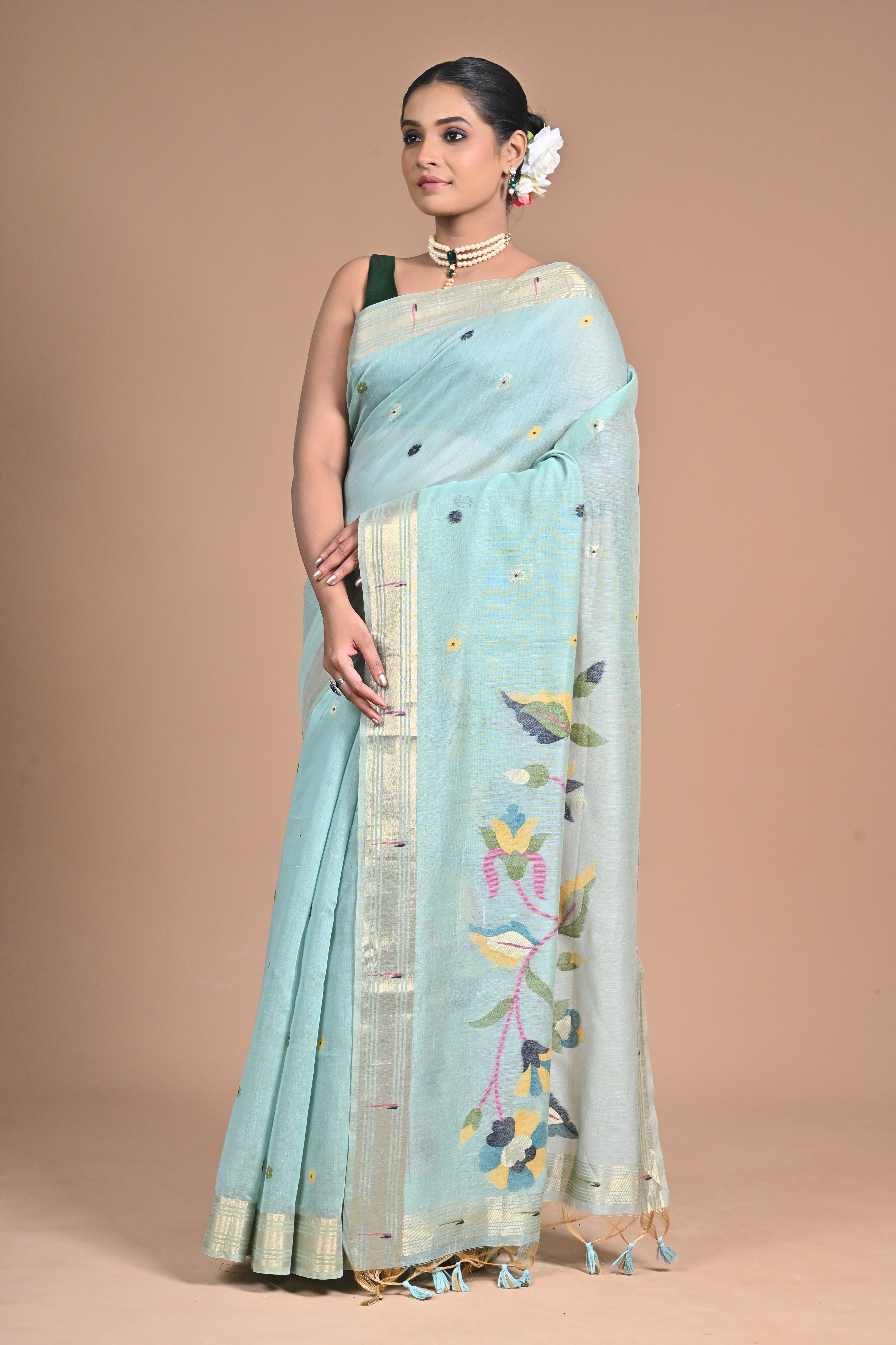 “Aqua Bloom” – Handwoven Light Blue silk Saree with Jamdani Pallu