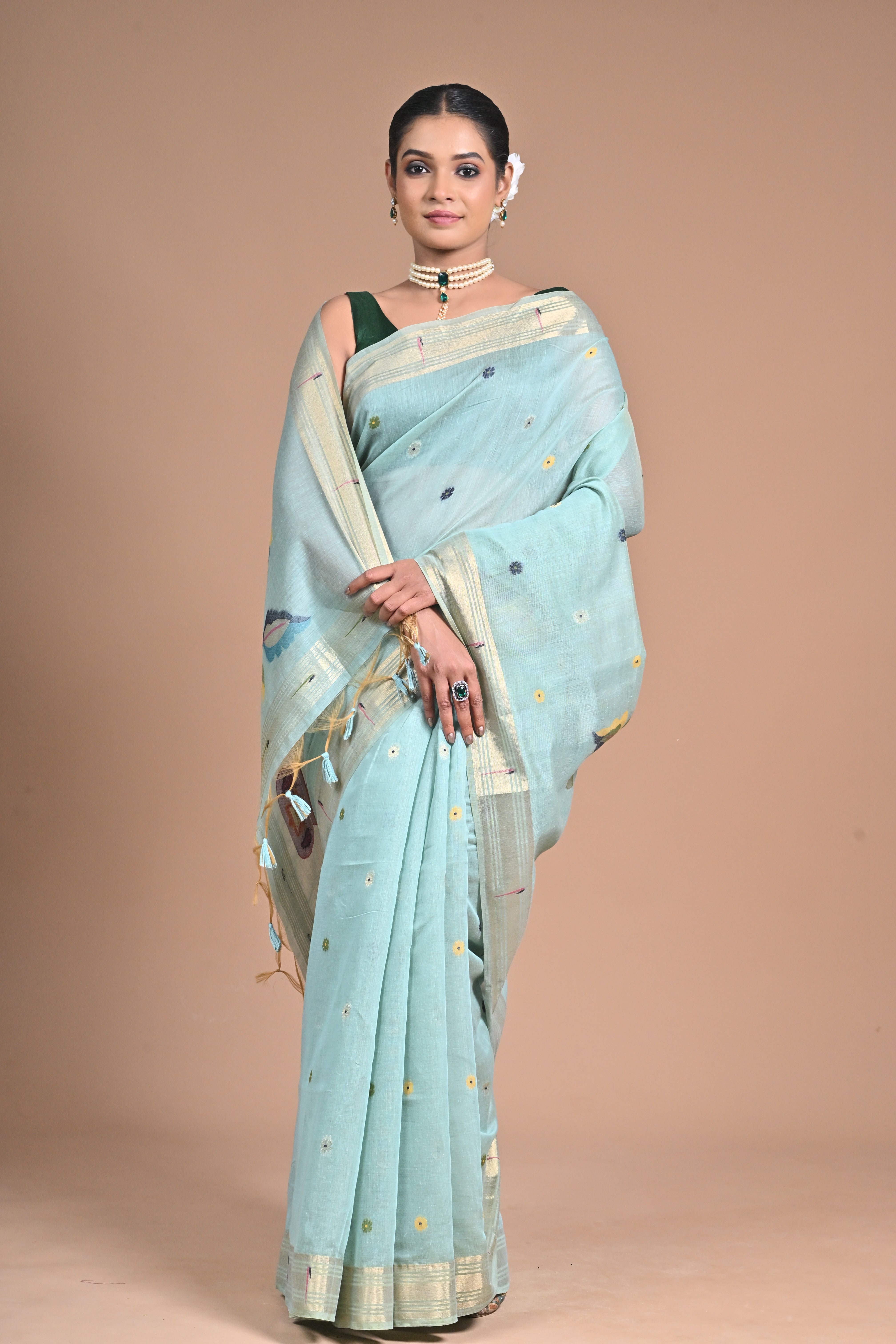 “Aqua Bloom” – Handwoven Light Blue silk Saree with Jamdani Pallu