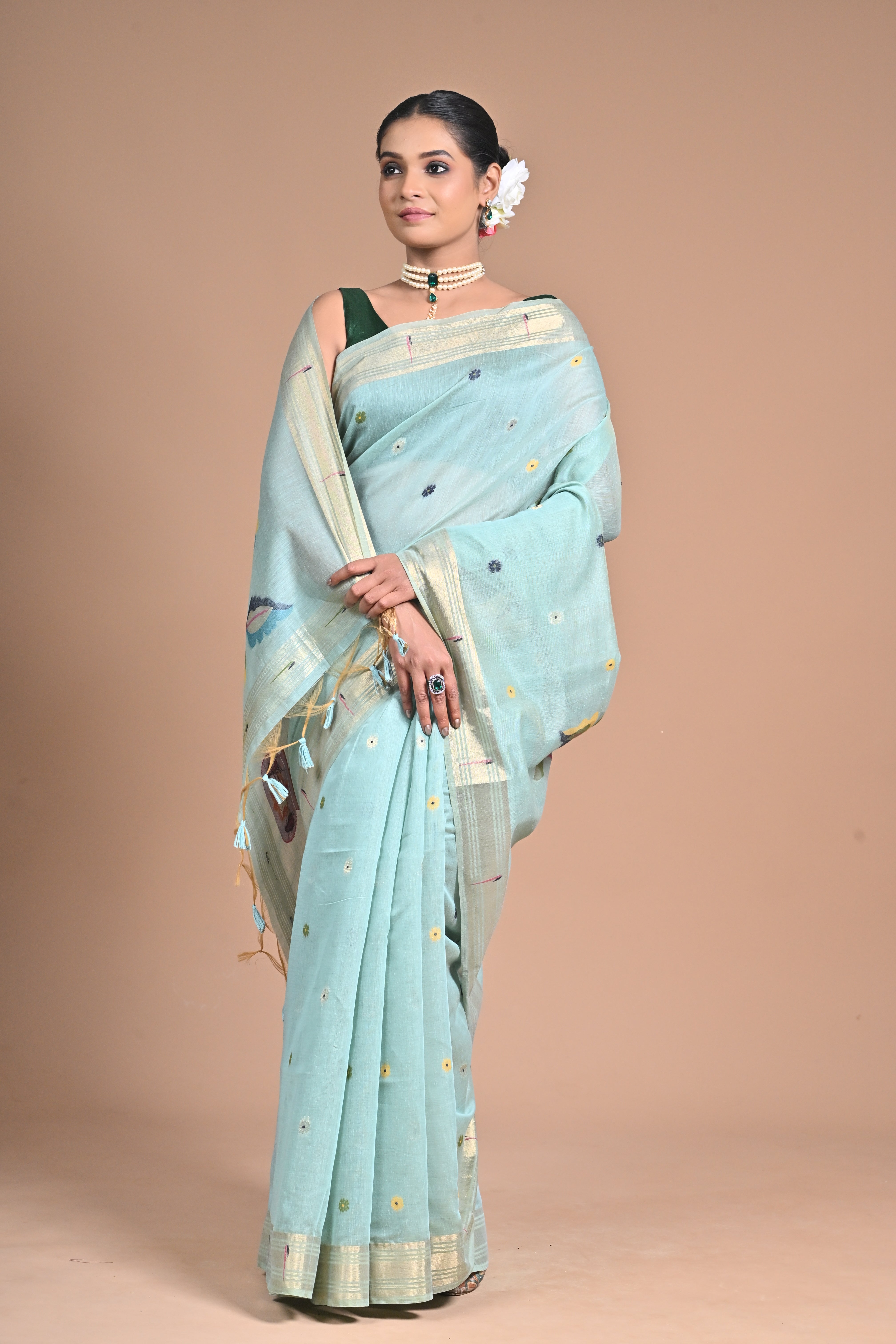 “Aqua Bloom” – Handwoven Light Blue silk Saree with Jamdani Pallu