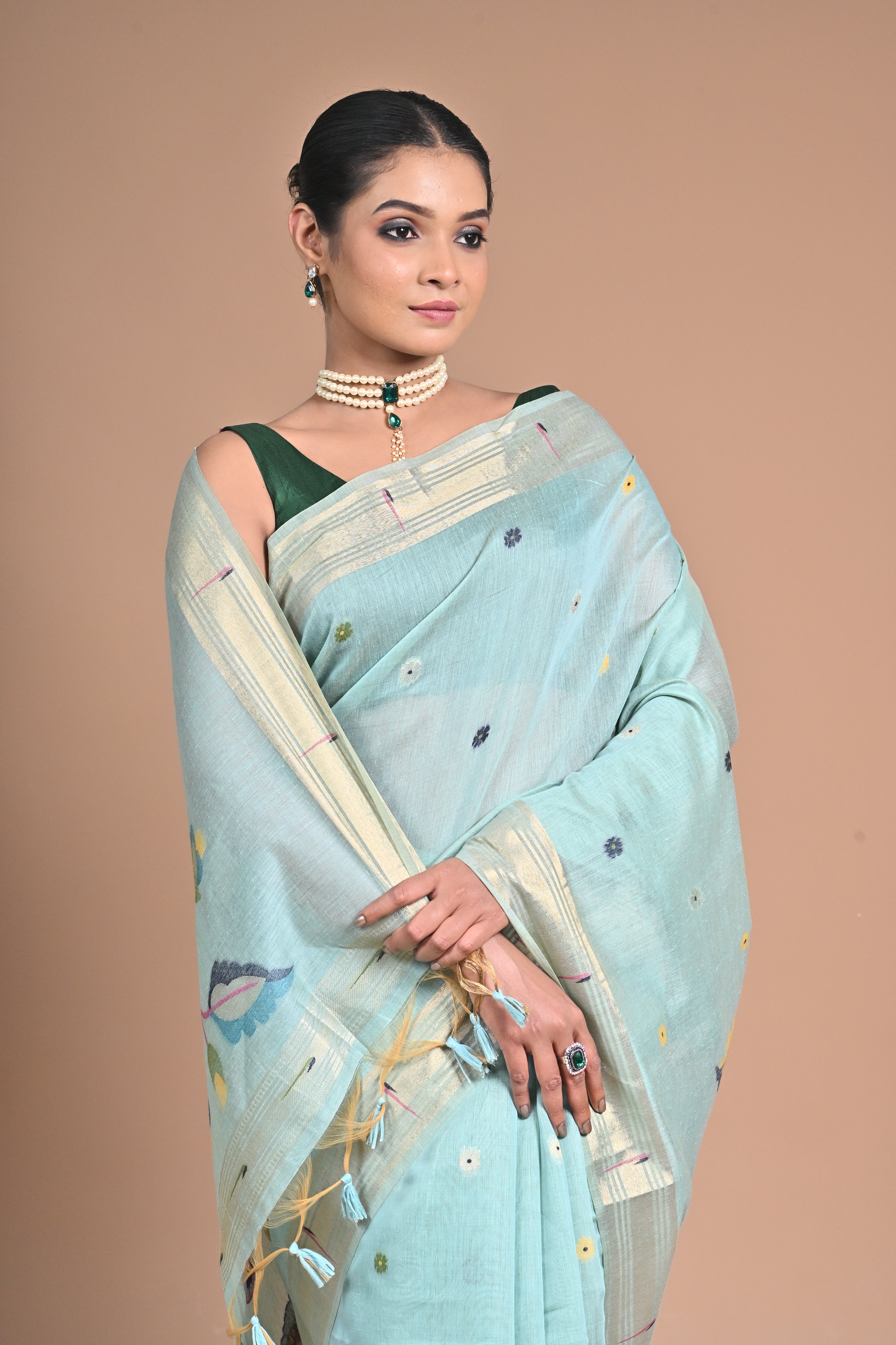 “Aqua Bloom” – Handwoven Light Blue silk Saree with Jamdani Pallu