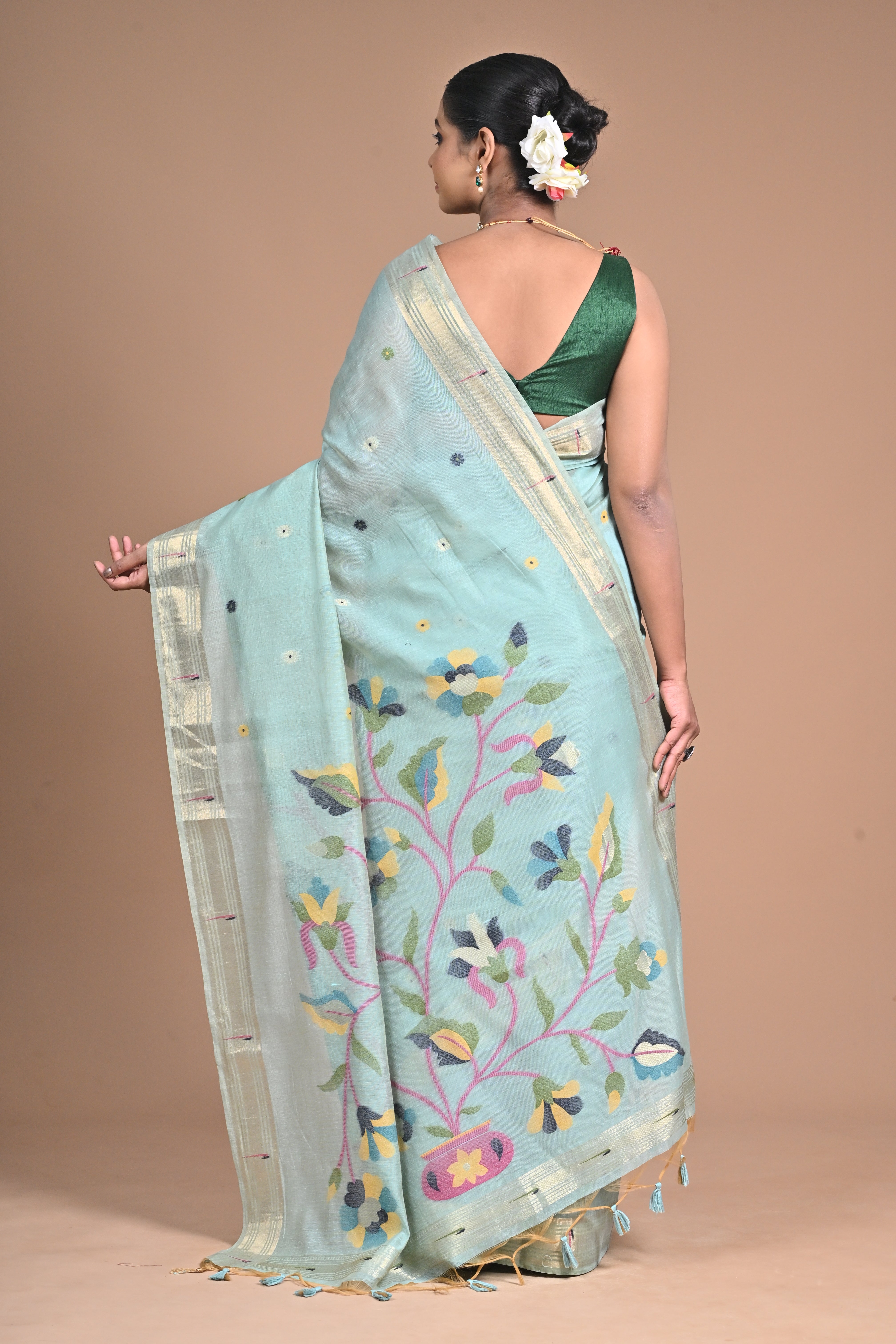 “Aqua Bloom” – Handwoven Light Blue silk Saree with Jamdani Pallu