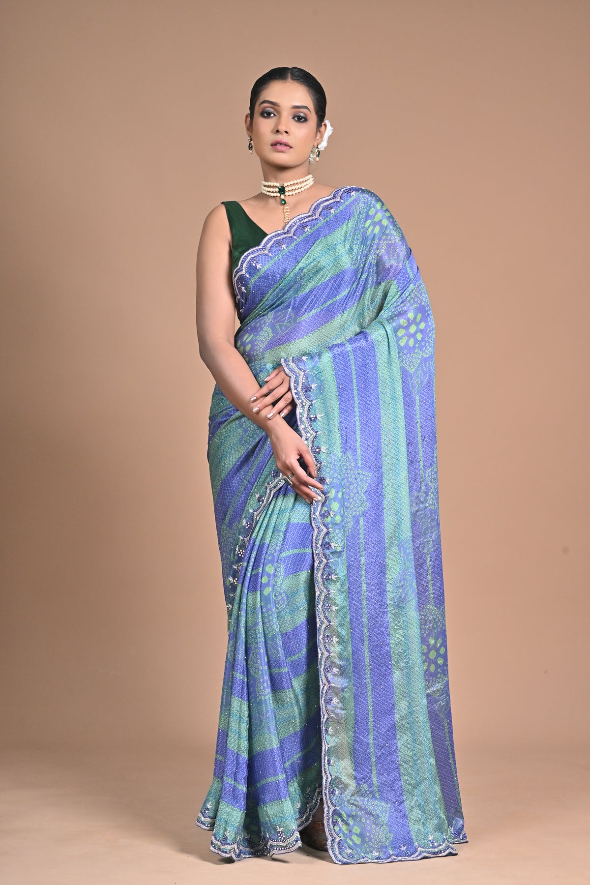 “Azure Mist” – Blue & Green Georgette Saree with Lace Border
