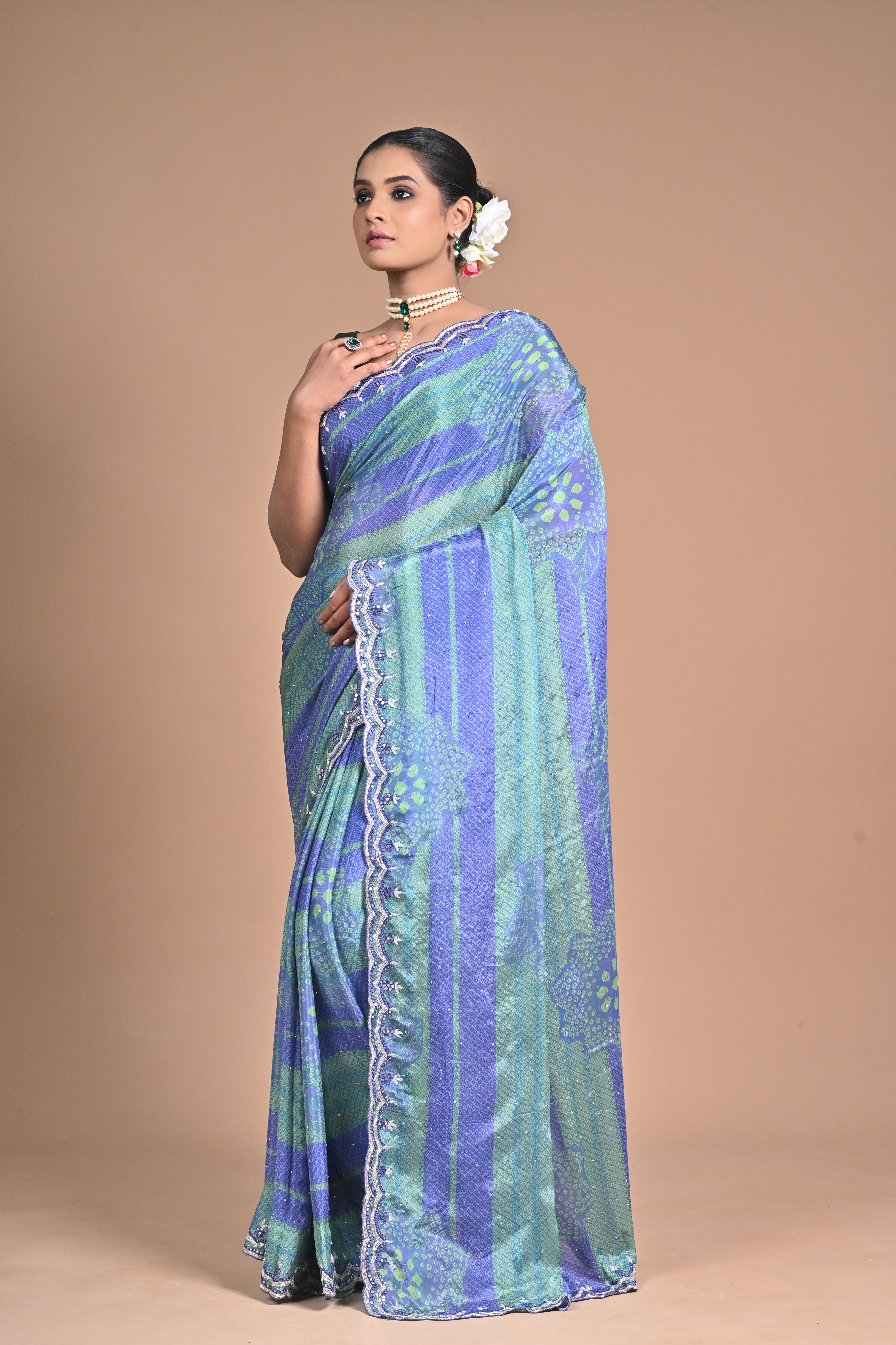 “Azure Mist” – Blue & Green Georgette Saree with Lace Border