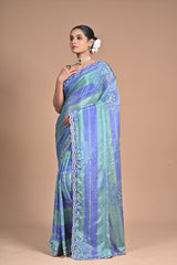 “Azure Mist” – Blue & Green Georgette Saree with Lace Border