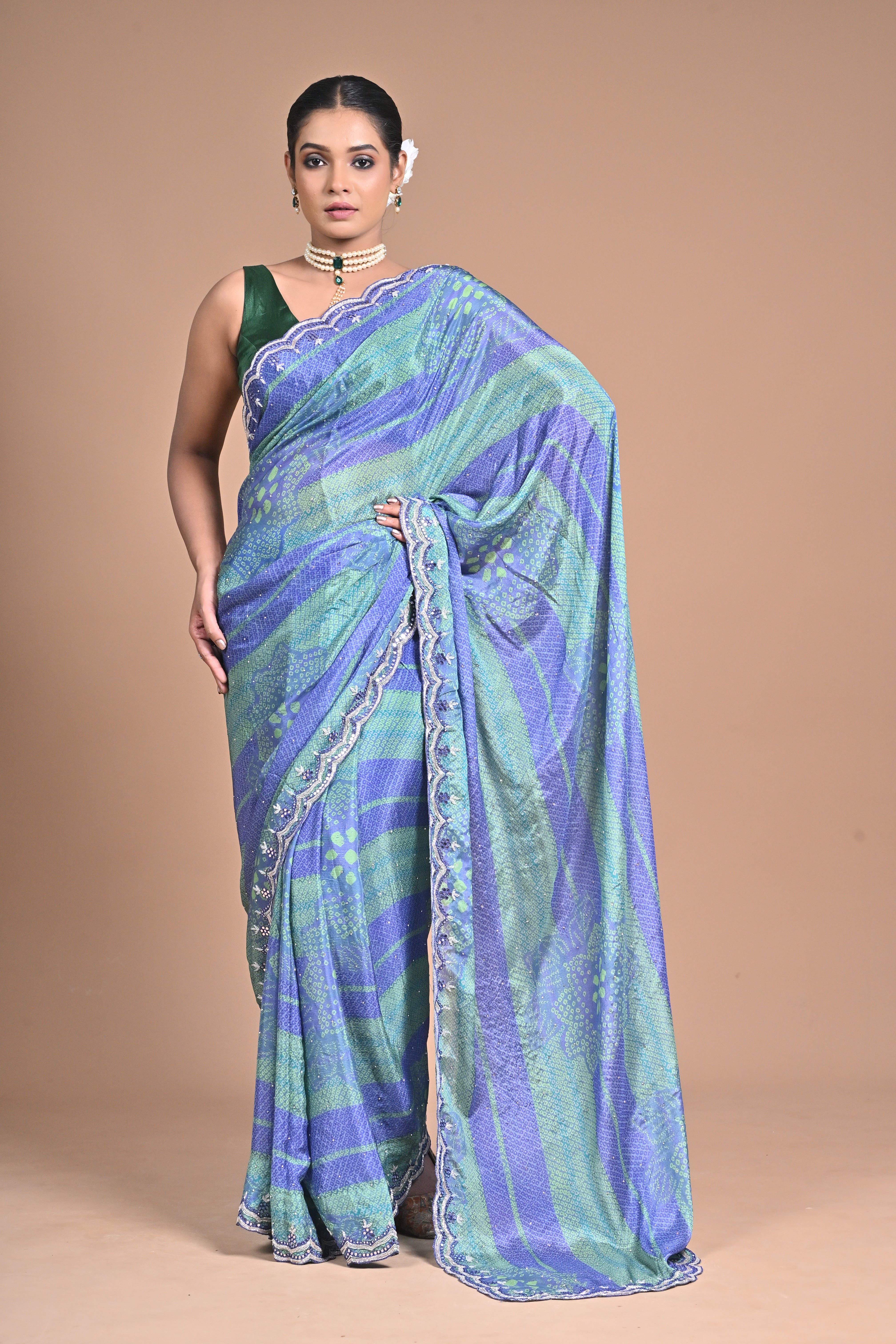 “Azure Mist” – Blue & Green Georgette Saree with Lace Border
