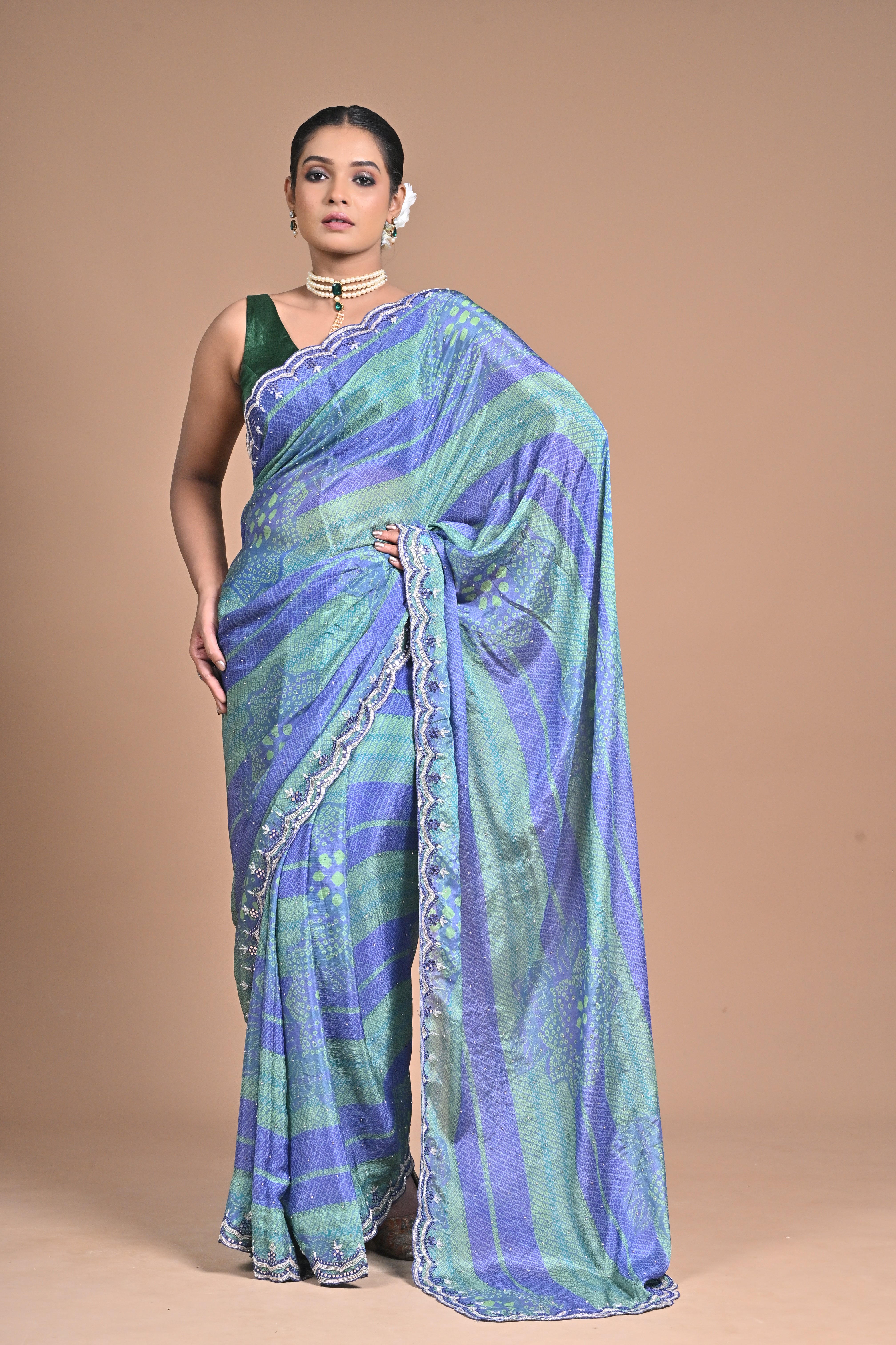 “Azure Mist” – Blue & Green Georgette Saree with Lace Border