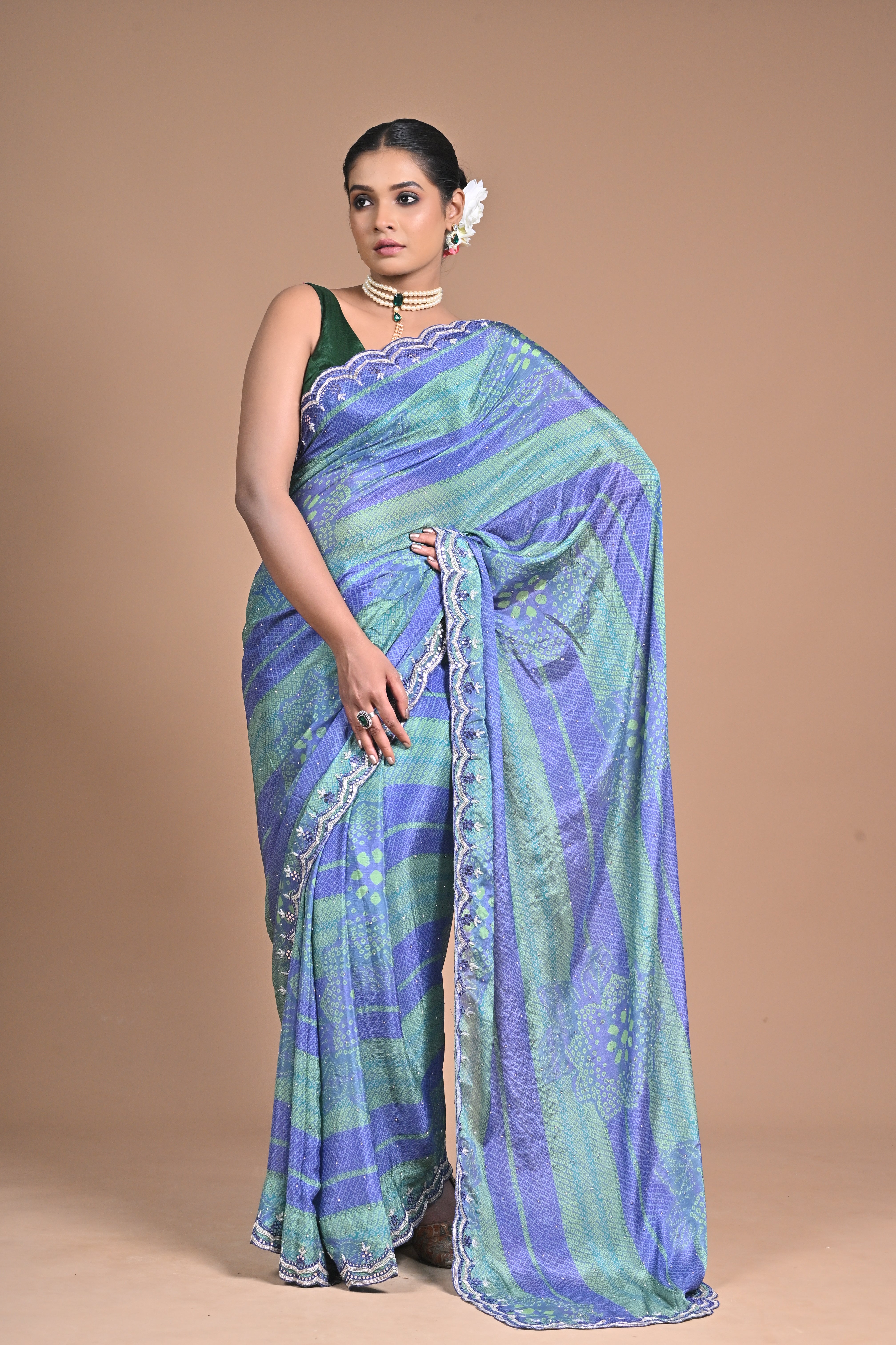 “Azure Mist” – Blue & Green Georgette Saree with Lace Border