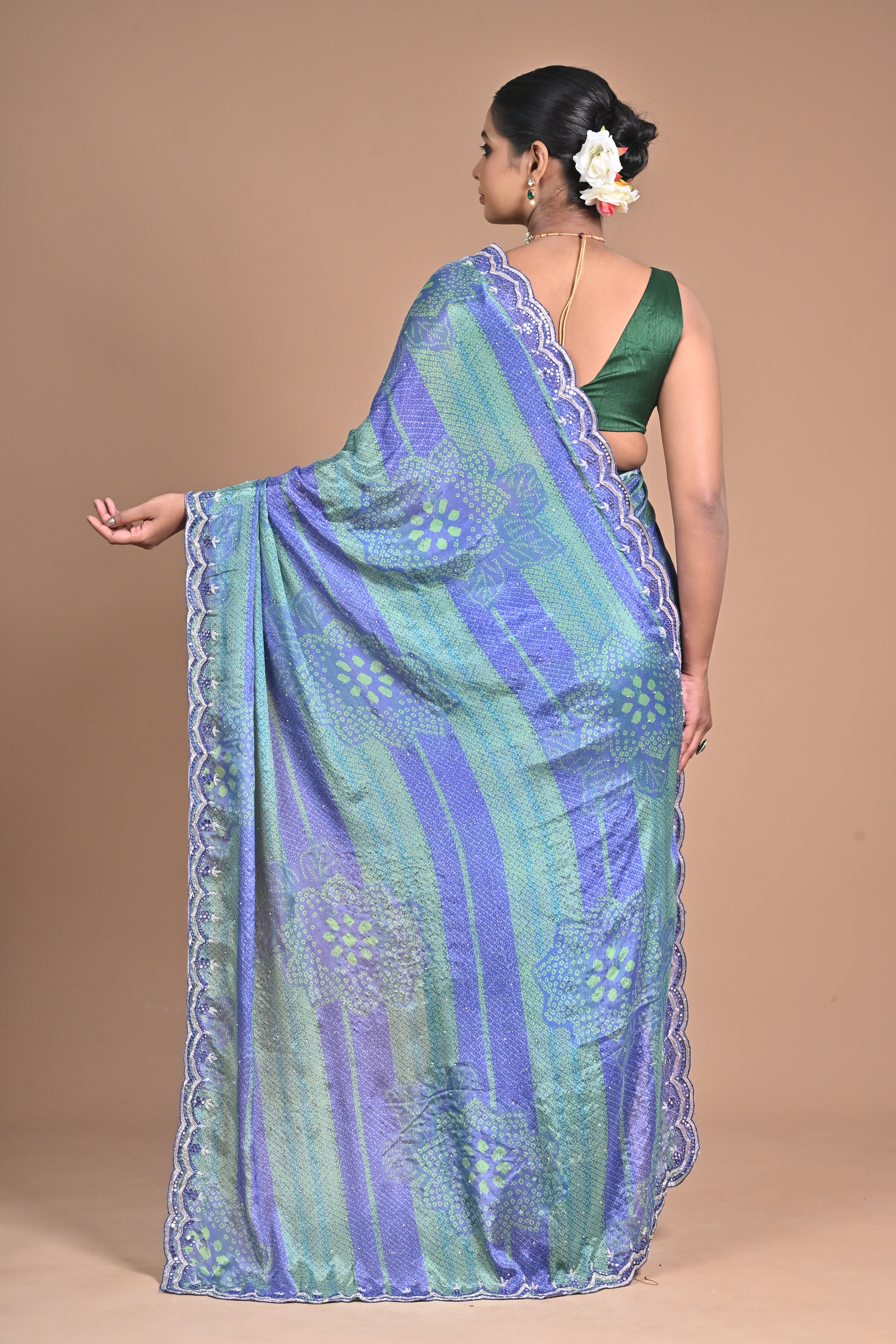 “Azure Mist” – Blue & Green Georgette Saree with Lace Border