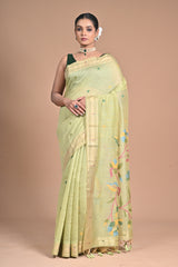 Meadow Bloom” – Light Green Handloom silk Saree with Jamdani Pallu